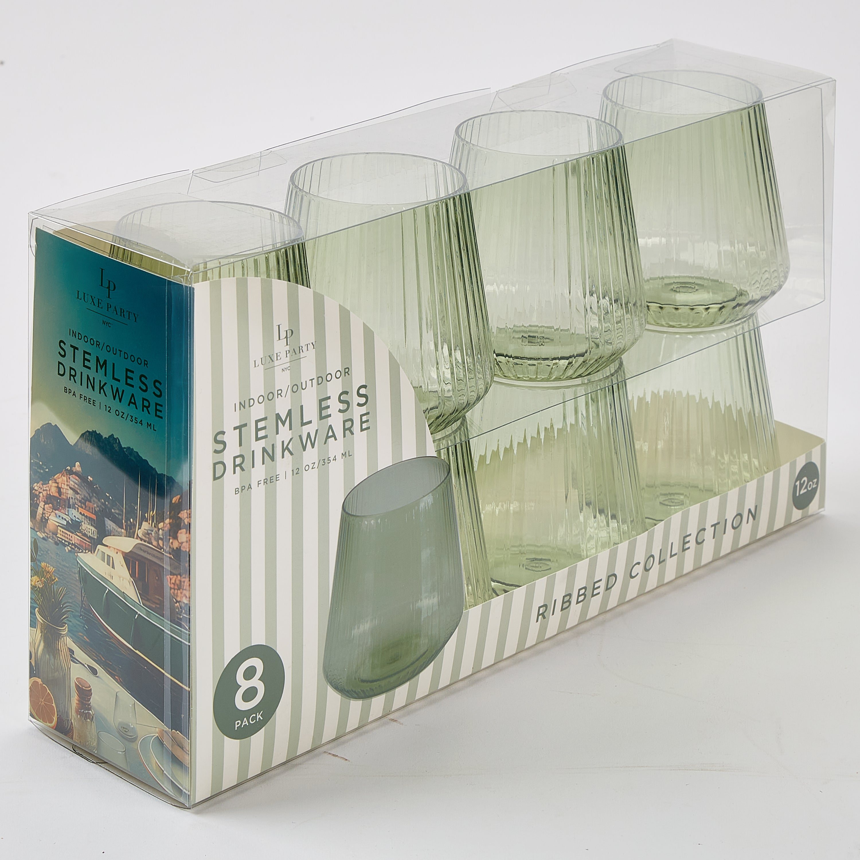 12 oz. Mint Green Plastic Stemless Ribbed Wine Goblets - 8 Pack Set for Outdoor Parties, Picnics, and Wedding Receptions