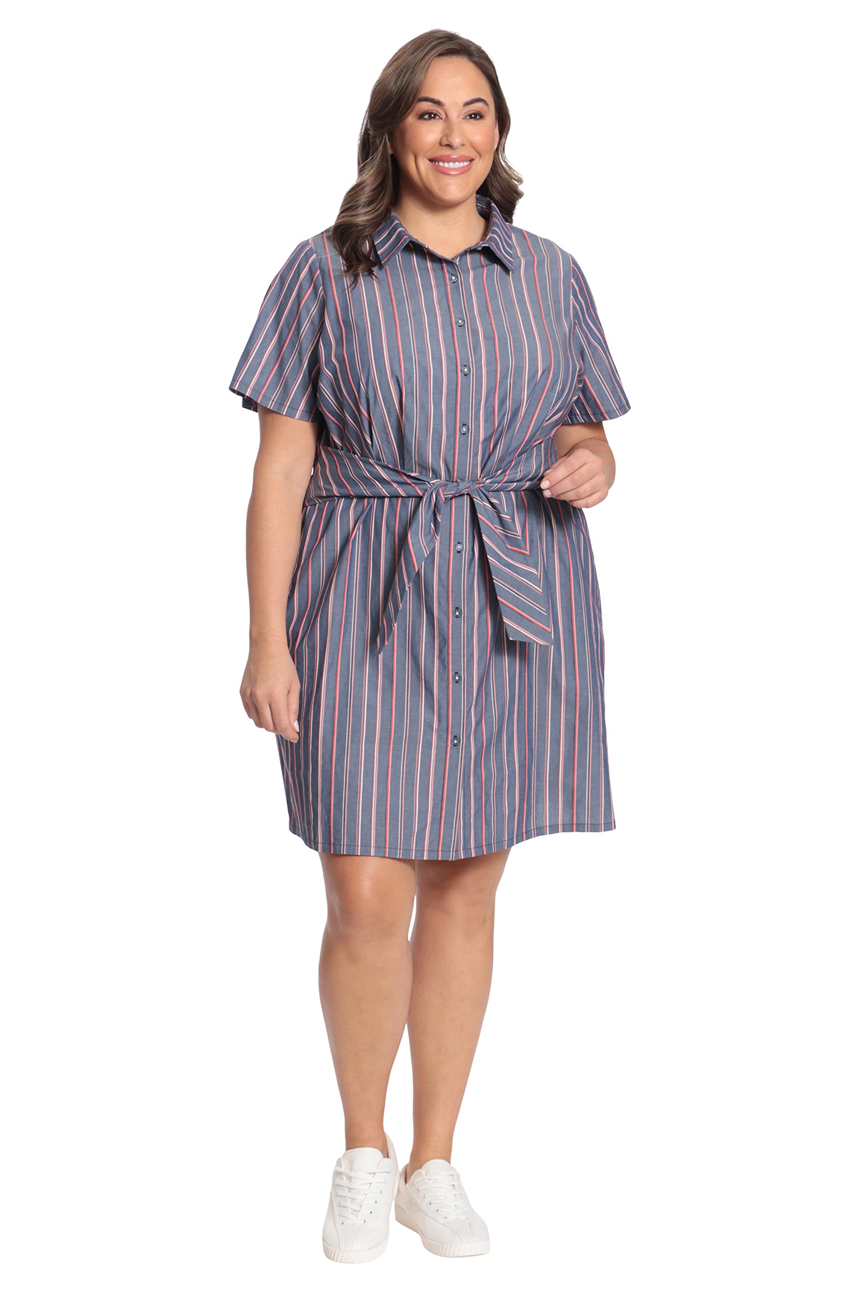 London Times Women's Short Sleeve Shirt Dress with Waist Tie - Stylish Casual Summer Dress for Office, Beach & Date Night