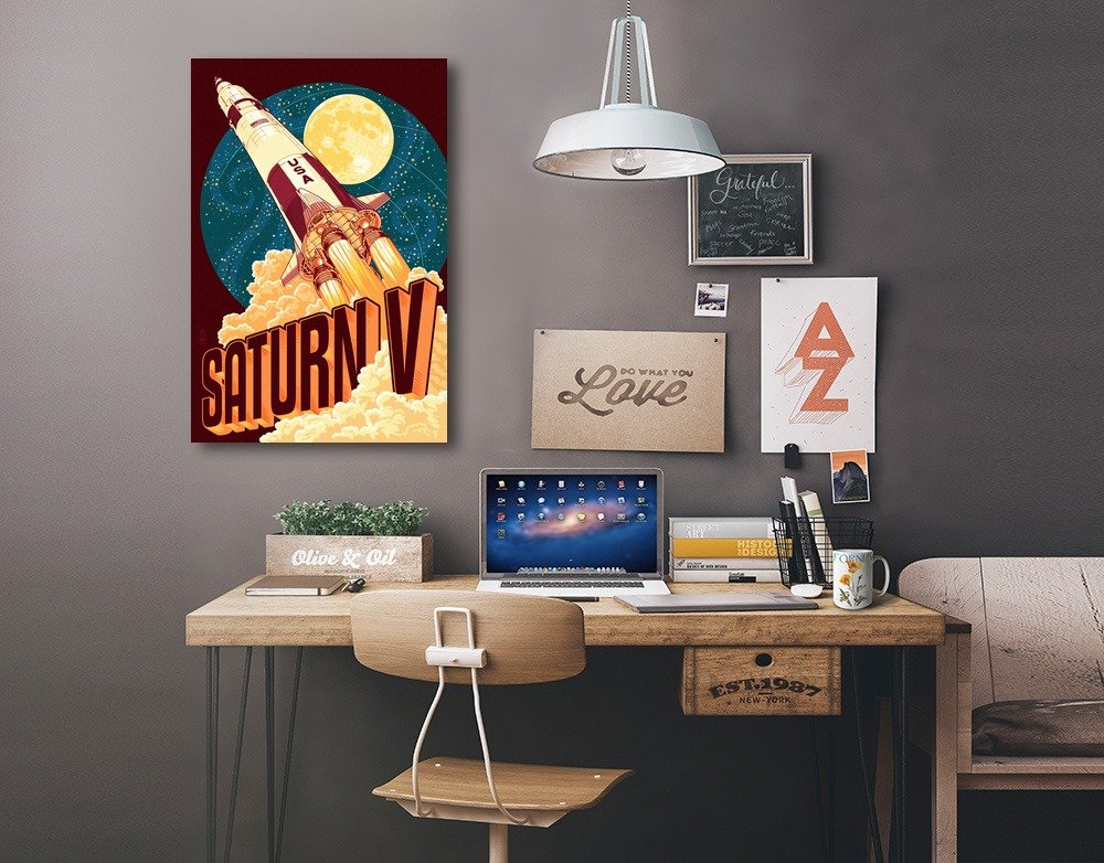 Lantern Press Saturn V Stylized Wall Art - 16x24 Wrapped Canvas Print for Home & Office Decor | Space Theme NASA Artwork for Living Room, Bedroom, or Gift