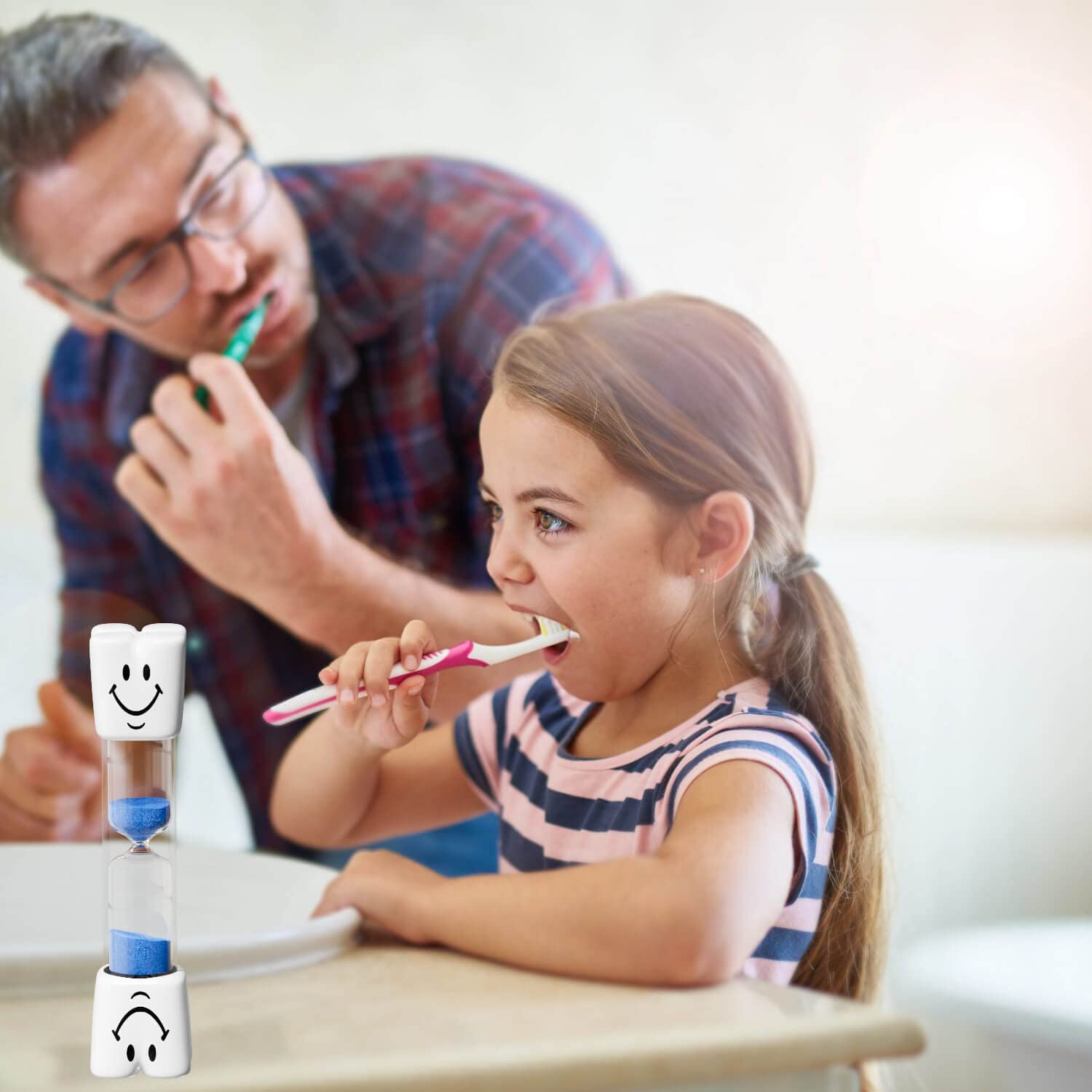 2 Minute Toothbrush Sand Timer for Kids - Blue & Pink Smiley Acrylic Hourglass - Classroom, Kitchen, Bathroom Timer - Fun Educational Tool for Brushing Teeth & Games (Pack of 2)