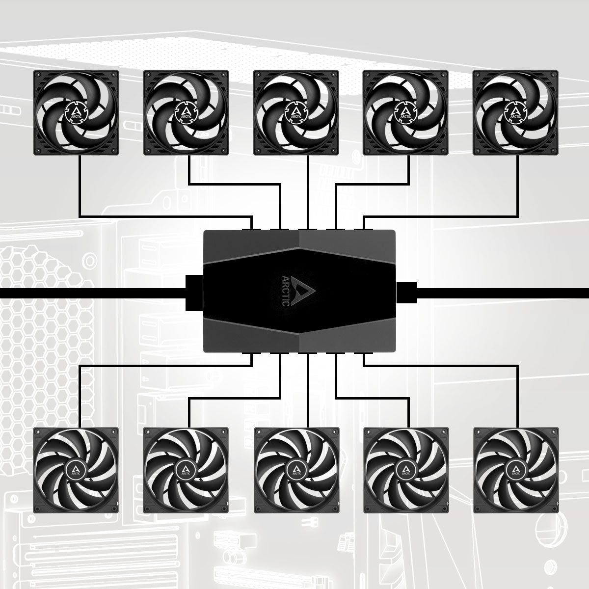 Arctic 10 Port PWM Fan Hub - High Speed PC Cooling Fan Controller for Gaming PC, Workstation, and Server - Perfect for Cable Management and Silent Operation