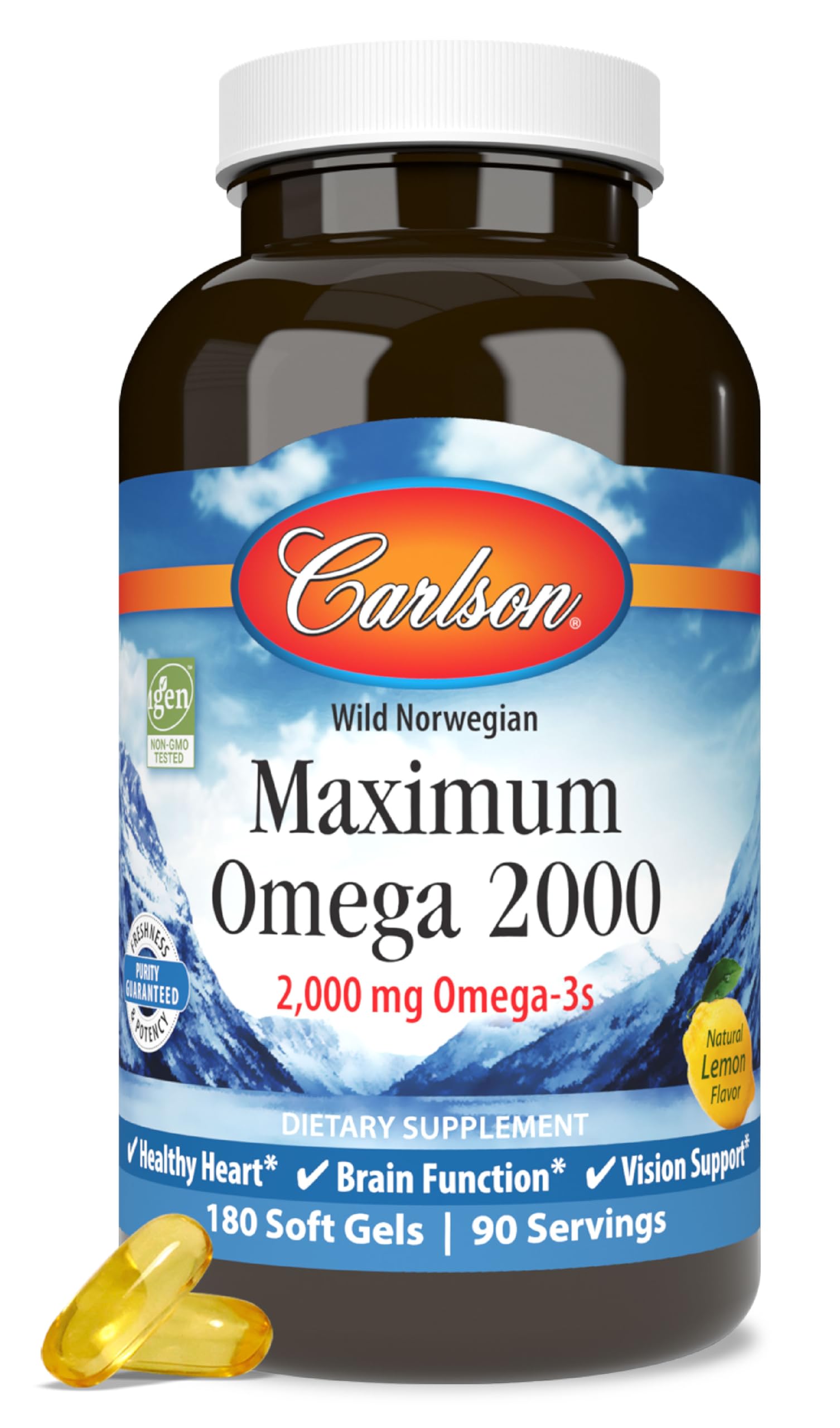 Carlson Maximum Omega 2000 - 2000mg Wild-Caught Norwegian Fish Oil Softgels with EPA & DHA, Sustainably Sourced Lemon Flavored Omega-3 Supplement (180 Count) for Heart, Brain & Joint Health Support