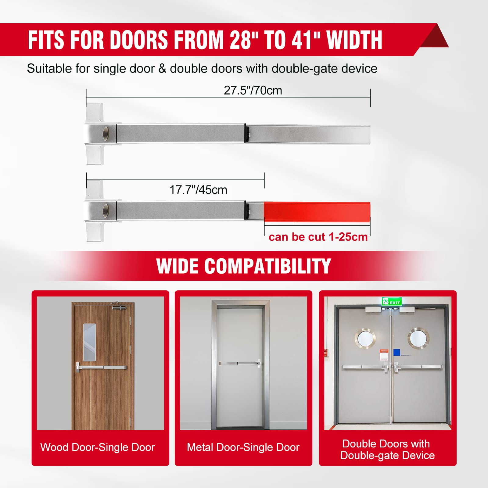 Stainless Steel Panic Bar Exit Device - Commercial Grade Push Bar Door Lock with Exterior Lever for 28-41