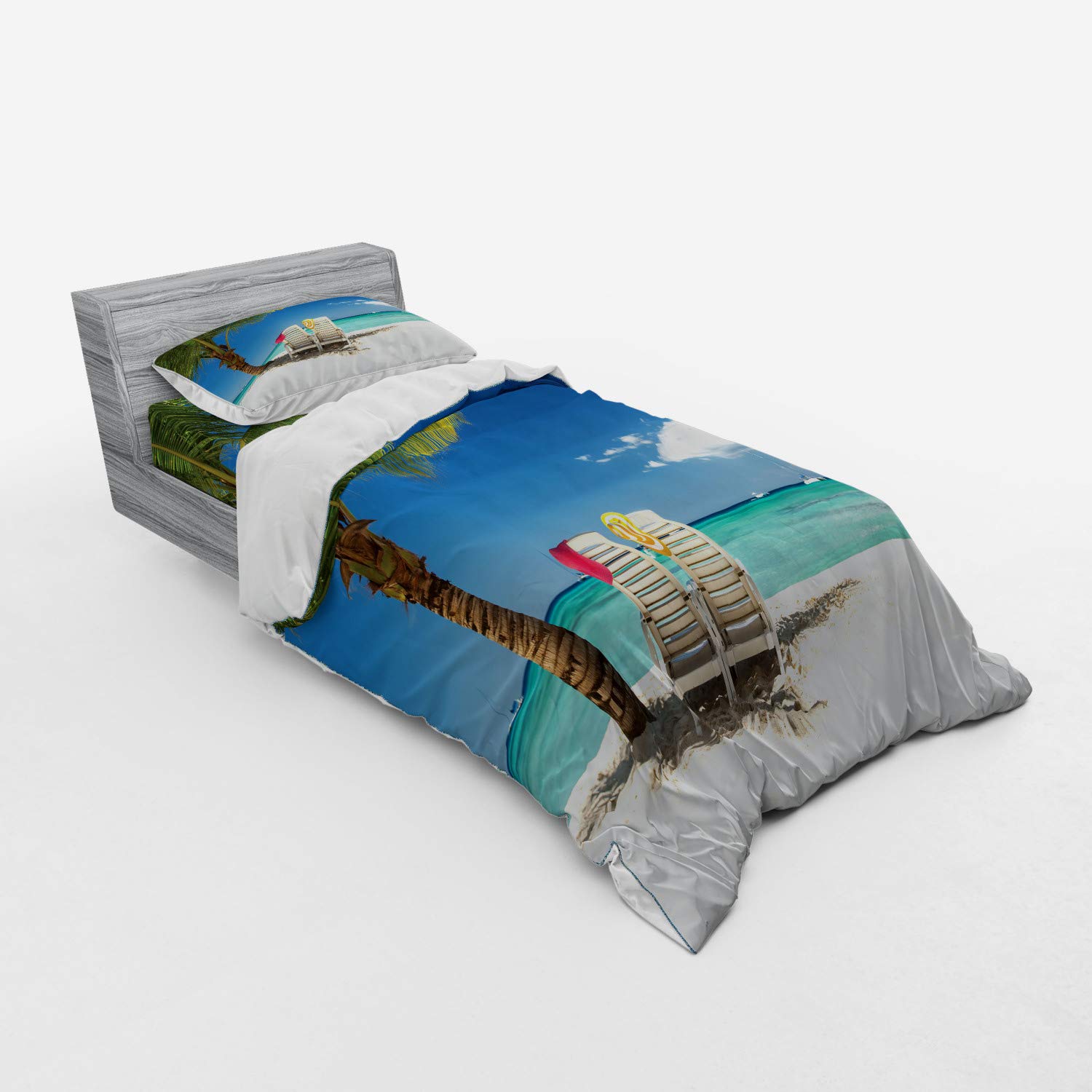 Ambesonne Seaside Bedding Set - 3 Piece Duvet Cover with Sham & Fitted Sheet, Twin Size, Blue Green Ocean Beach Design with Palm Trees & Boats | Coastal Bedroom Decor, Vacation Home Style, Relaxing Tropical Retreat