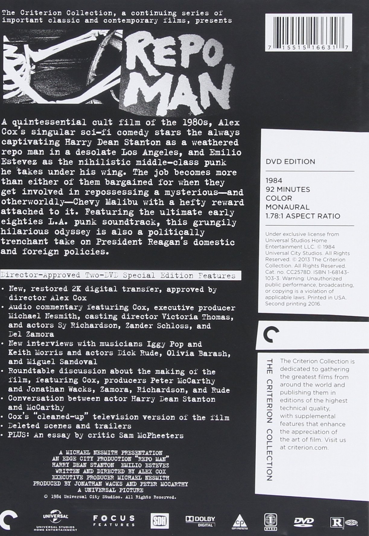 Repo Man (The Criterion Collection) [DVD] - Cult Classic Sci-Fi Comedy Film - Perfect for Movie Nights and Sci-Fi Enthusiasts