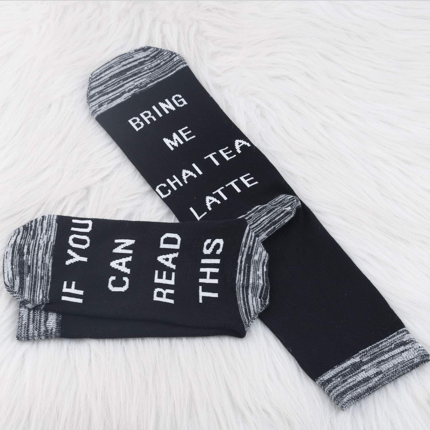 JXGZSO 2 Pairs Funny Novelty Socks - 'Bring Me a Chai Tea Latte' & 'Can Read This' Coffee Lover Gifts for Women & Men - Perfect for Tea Parties, Cozy Nights & Christmas Presents