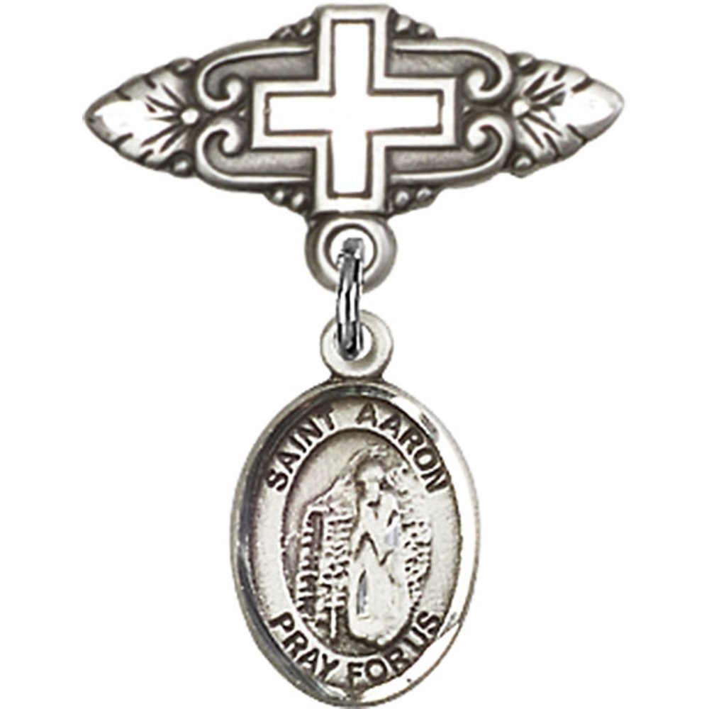 Sterling Silver Baby Badge with St. Aaron Charm - 1 X 3/4 Inch Religious Cross Pin - Perfect for Baptism, Christening & First Communion Gifts