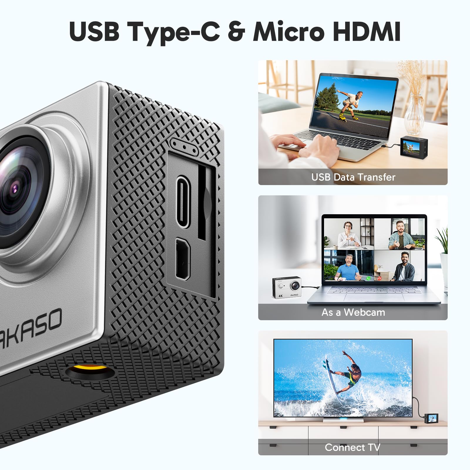 AKASO EK7000 4K30FPS 20MP Waterproof Action Camera with 170° Wide Angle Lens - Underwater Sports & Adventure Photography - Supports External Mic for Vlogging (Silver)