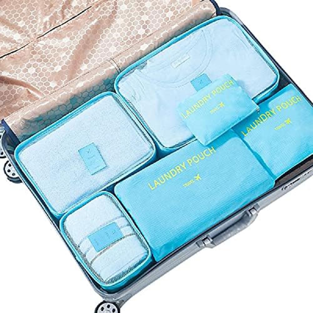 MOCOFO 6-Piece Travel Luggage Storage Bag Set - 3 Packing Cubes + 3 Small Garment Organizers for Suitcases (Blue) | Perfect for Airplane Carry-On, Vacation Packing & Closet Organization