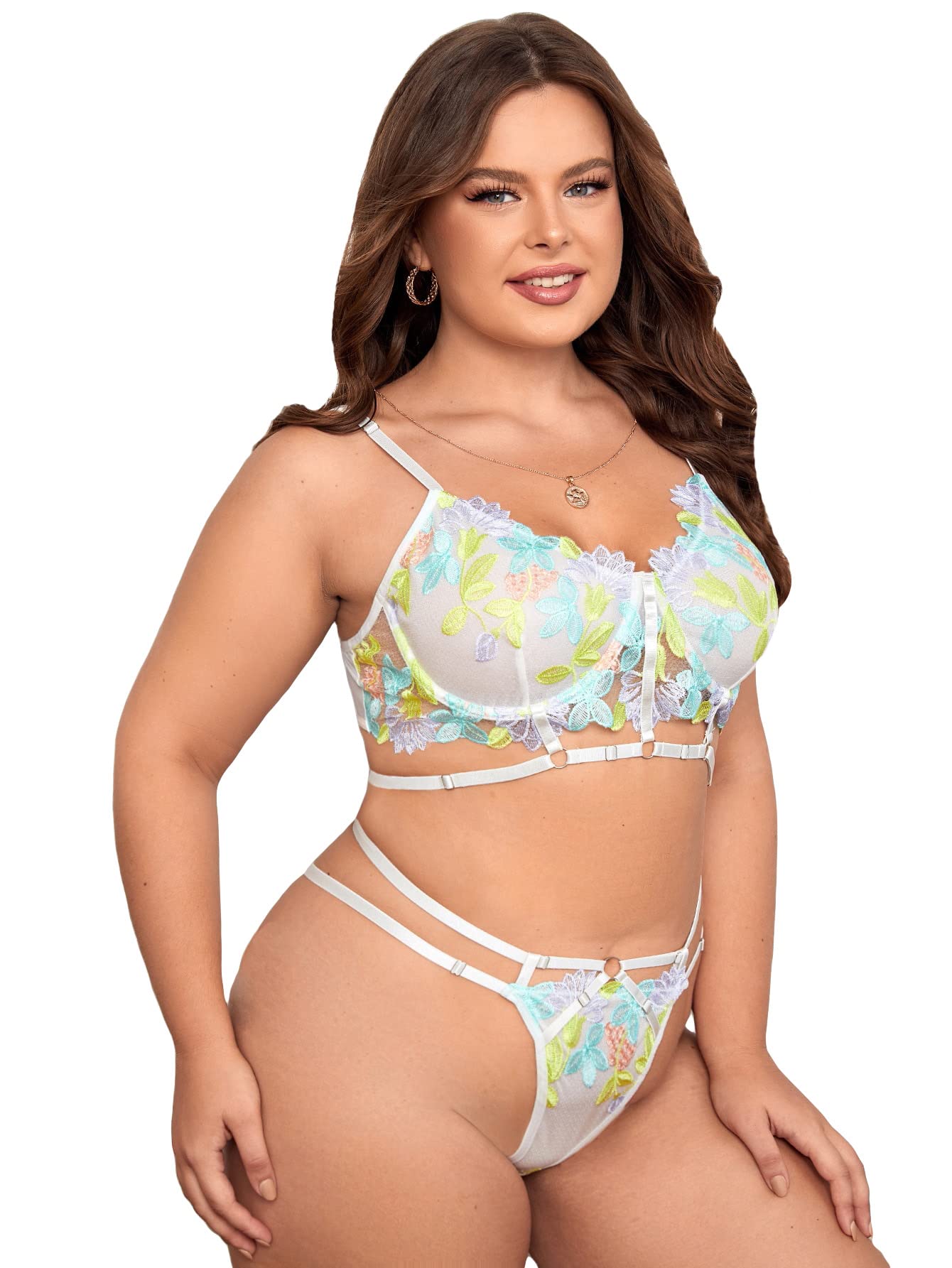 WDIRARA Women's Plus Size 2 Piece Romantic Floral Lace Mesh Strappy Lingerie Set - Sexy Bra & Panty Set for Valentine's Day, Bridal Shower, Honeymoon & Special Occasions