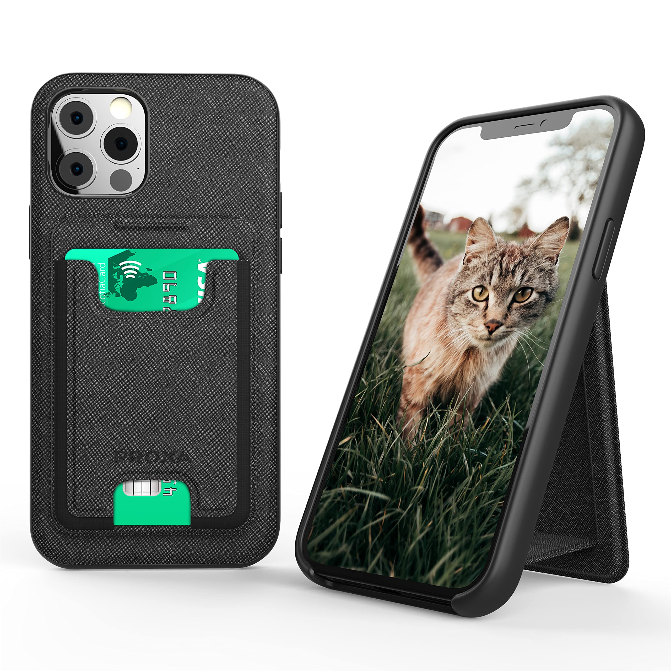 PROXA Magnetic Kickstand Card Holder Case for iPhone 12 Pro Max 6.7 inch - Slim Wallet Phone Cover with MagSafe Charger Compatibility, Anti-Degaussing Protection & 3 Card Slots - Perfect for Travel, Shopping and Everyday Use (Black)