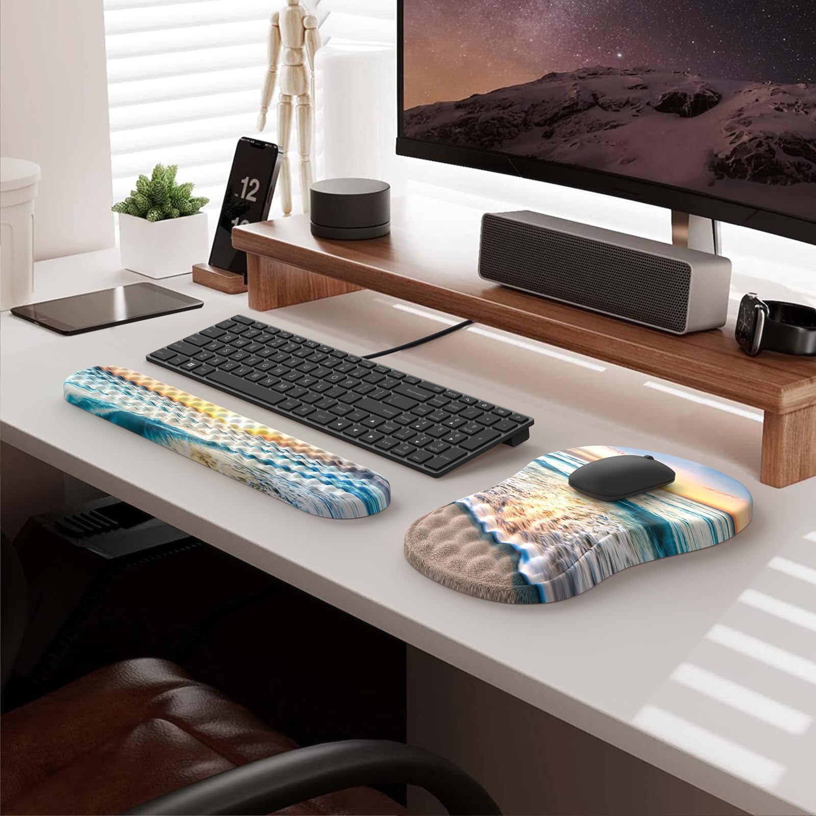 Ergonomic Mouse Pad with Wrist Rest - Comfortable Keyboard Wrist Support Pad Set for Office, Laptop & Computer - Reduce Wrist Pain for Long Hours Typing & Gaming (Beach Design)