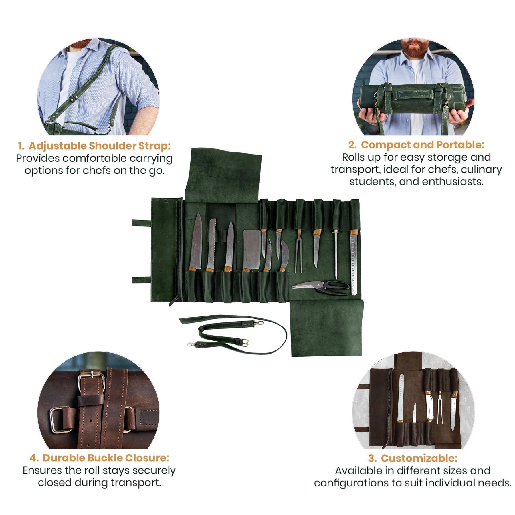 Premium Leather Knife Roll for Chefs & Butchers - Durable Professional Knife Storage Case with 12 Slots - Perfect for Kitchen, Camping & Culinary Gifts