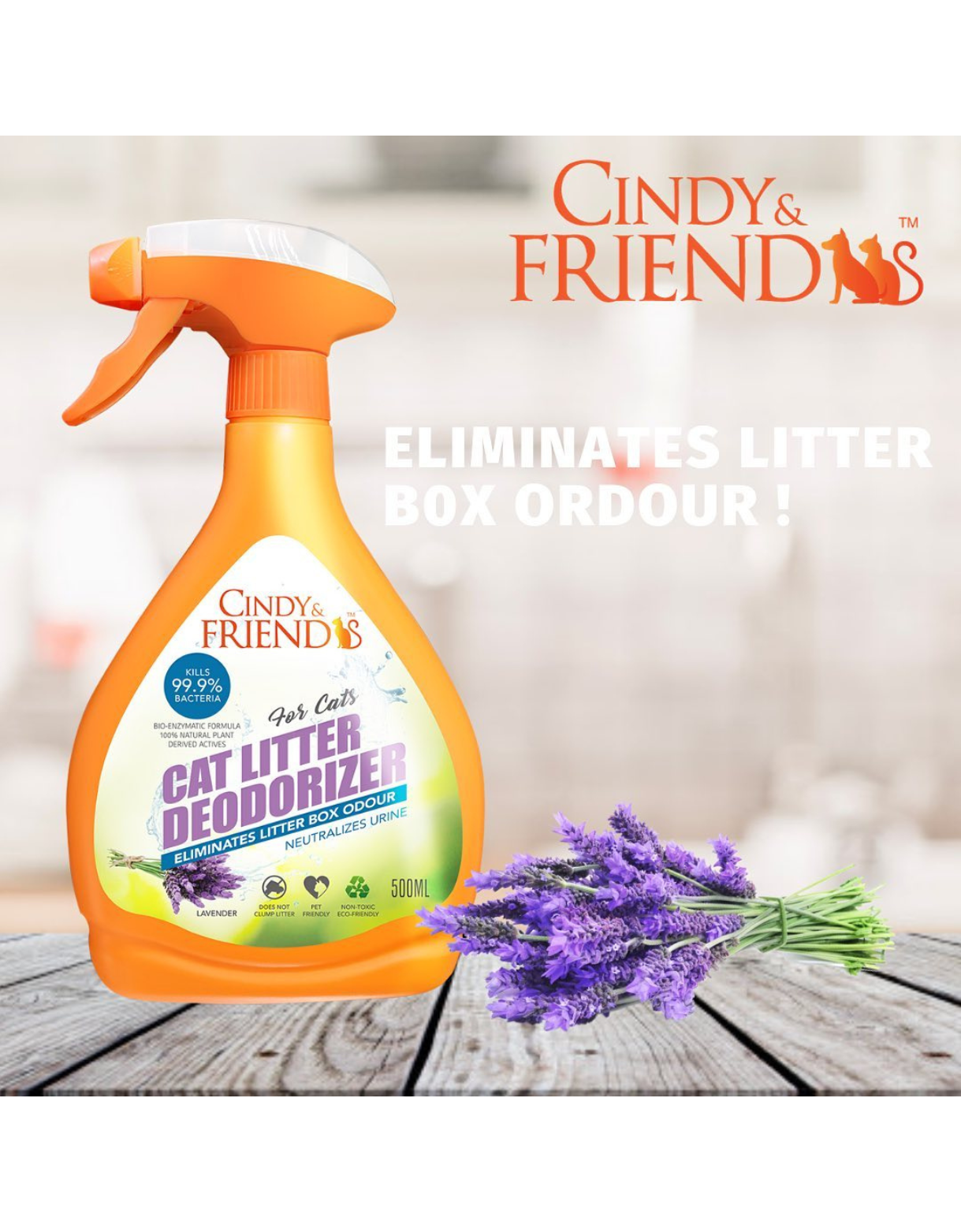 Cindy & Friends Lavender Cat Litter Deodorizer Spray - 500ml Natural Odor Eliminator for Fresh Litter Box | Perfect for Multi-Cat Homes & Small Spaces