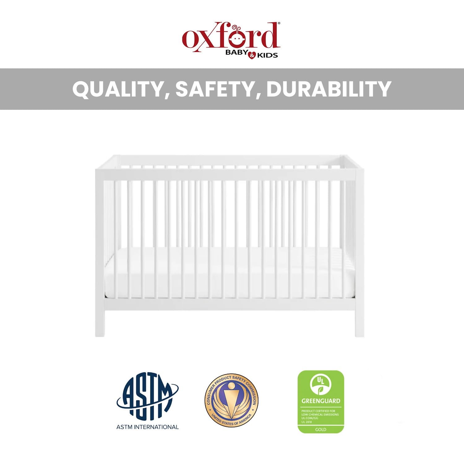 Oxford Baby Essentials Island Full Size 4-in-1 Convertible Baby Crib with Round Spindles, White - Safe Nursery Furniture for Newborns & Toddlers | Perfect for Bedrooms & Daycare Centers