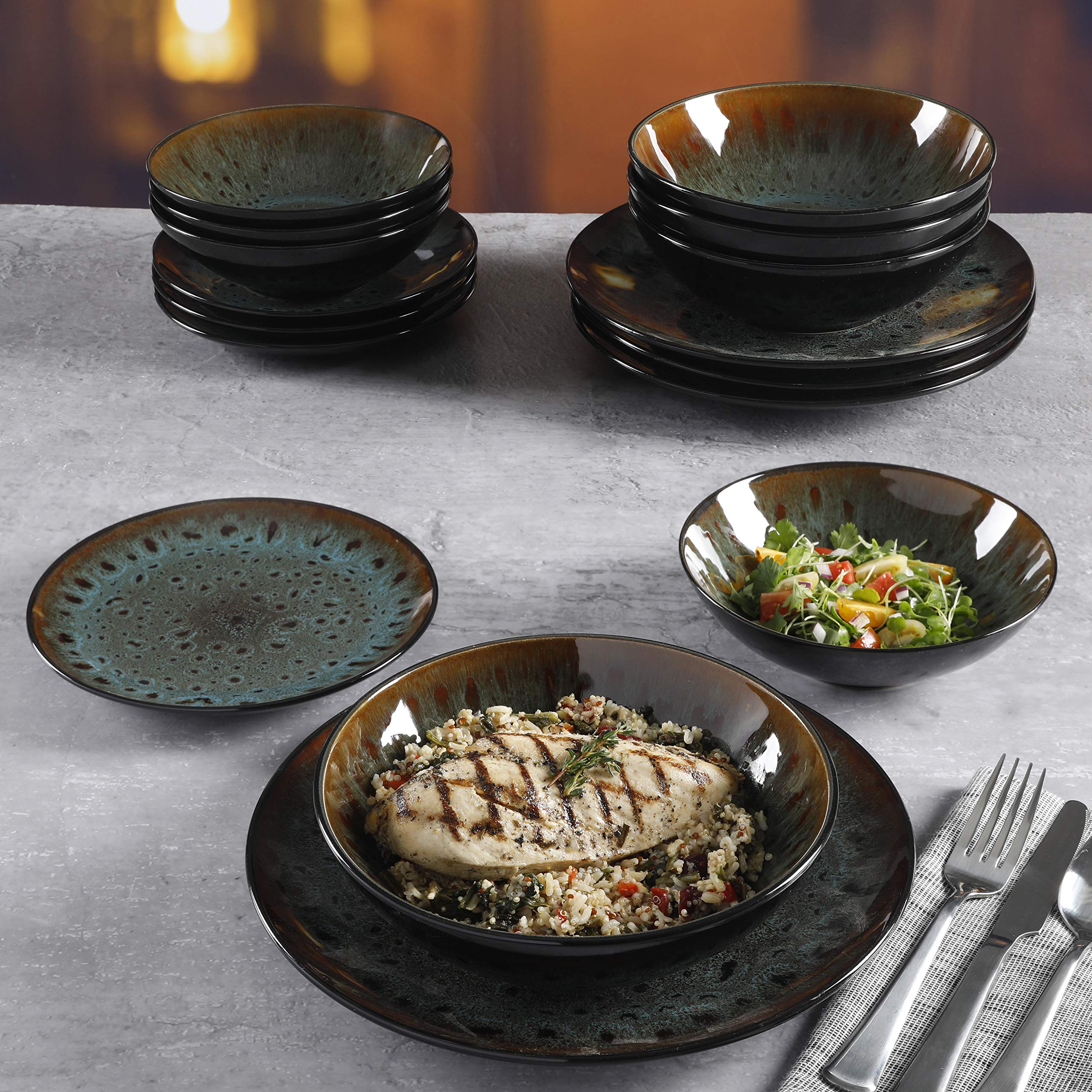 Premium Gibson Elite Kyoto Double Bowl Dinnerware Set - 16-Piece Service for 4, Elegant Teal Blue - Perfect for Family Dinners, Entertaining Guests & Modern Table Settings