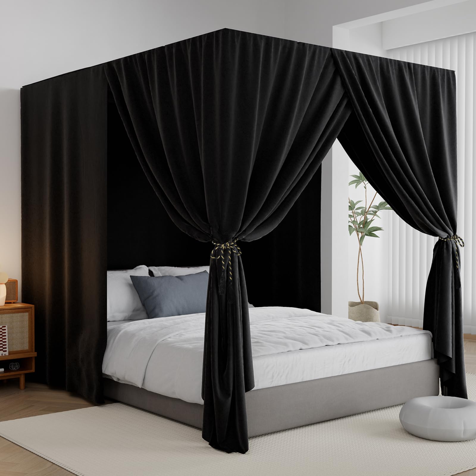 Black Canopy Bed Curtains for King Size Beds - 4 Corner Lightproof Drapes with Tie Backs for Bedroom Decor | Elegant Privacy Curtains for Adults & Girls (Black, King Size) - Perfect for Master Bedrooms, Nursery Rooms & Romantic Bedroom Makeovers