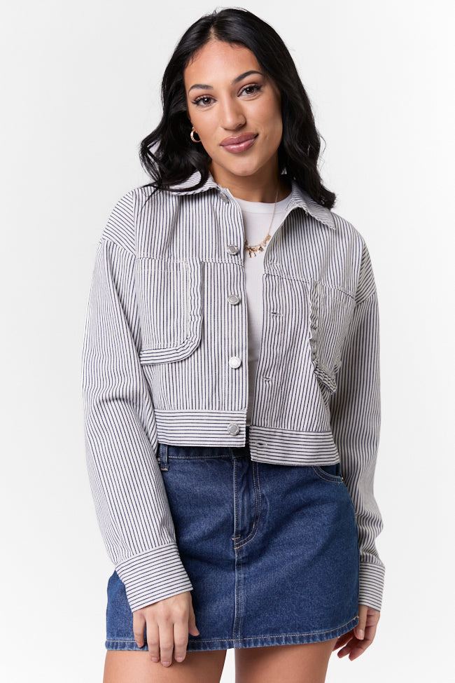 Say It Again Navy Striped Denim Jacket for Women - Vintage Style Denim Coat with Striped Design - Perfect for Casual Outfits, Spring Layering & Streetwear Fashion