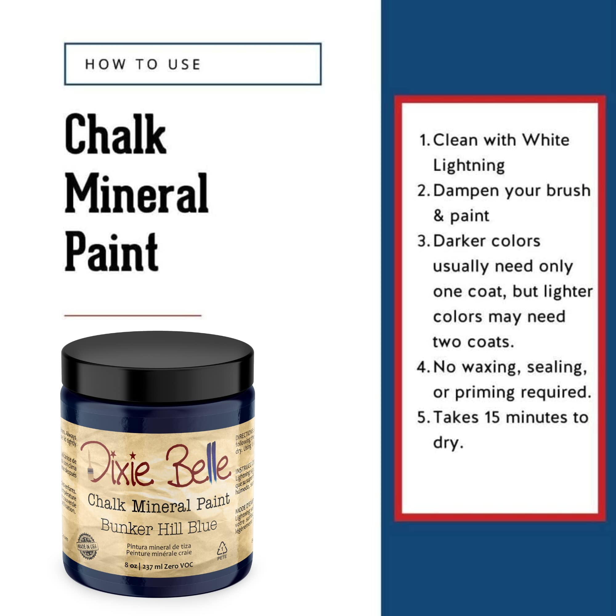 Dixie Belle Chalk Finish Furniture Paint - Bunker Hill (8oz) | Matte Indigo Blue Mineral Paint for DIY Furniture Makeover | Perfect for Cabinets, Tables, Chairs & Home Decor Projects
