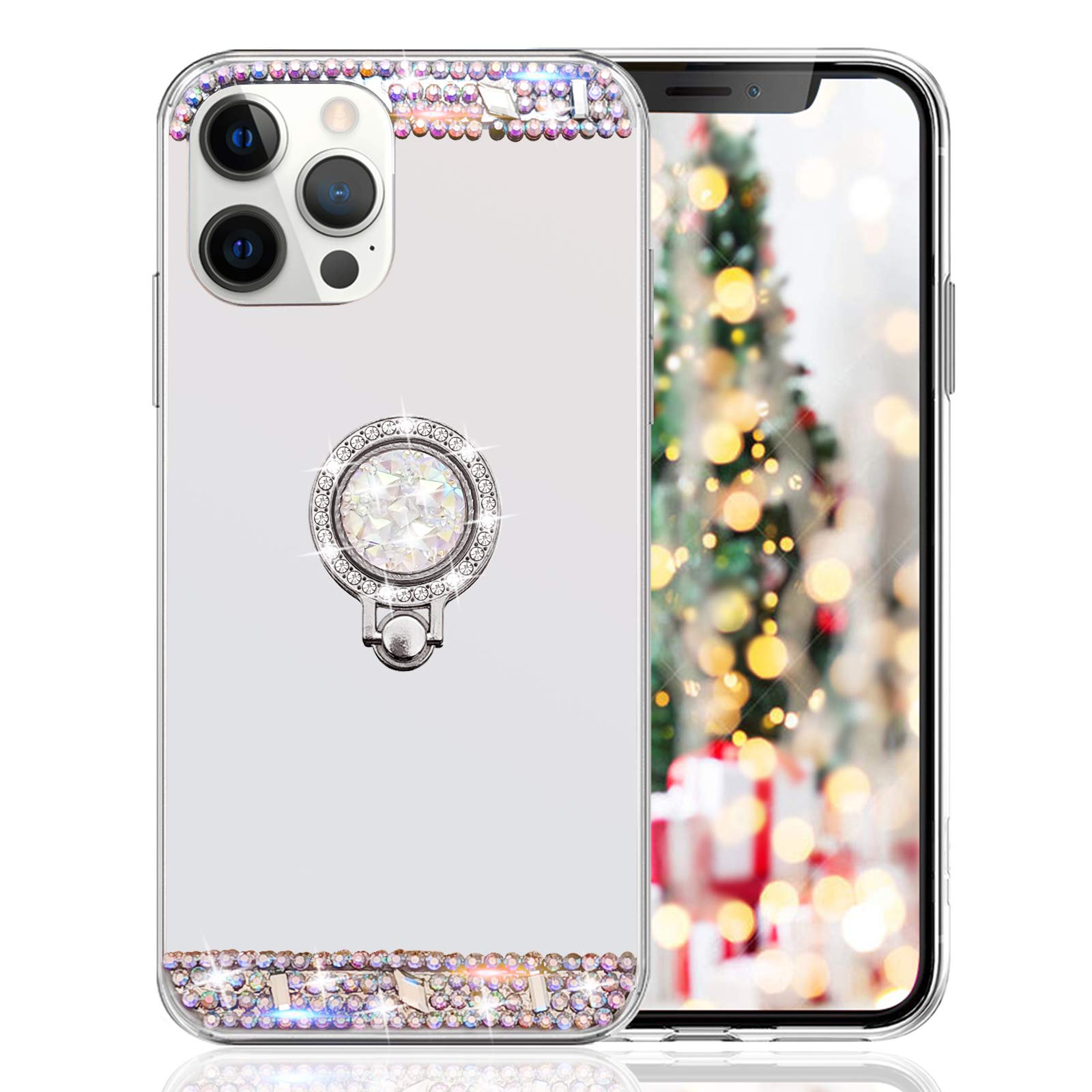 LUVI Bling Diamond Glitter Rhinestone iPhone 13 Pro Max Case with Ring Holder & Kickstand - Cute Mirror Phone Cover for Women & Girls (Silver) | Perfect for Makeup, Selfies & Hands-Free Viewing