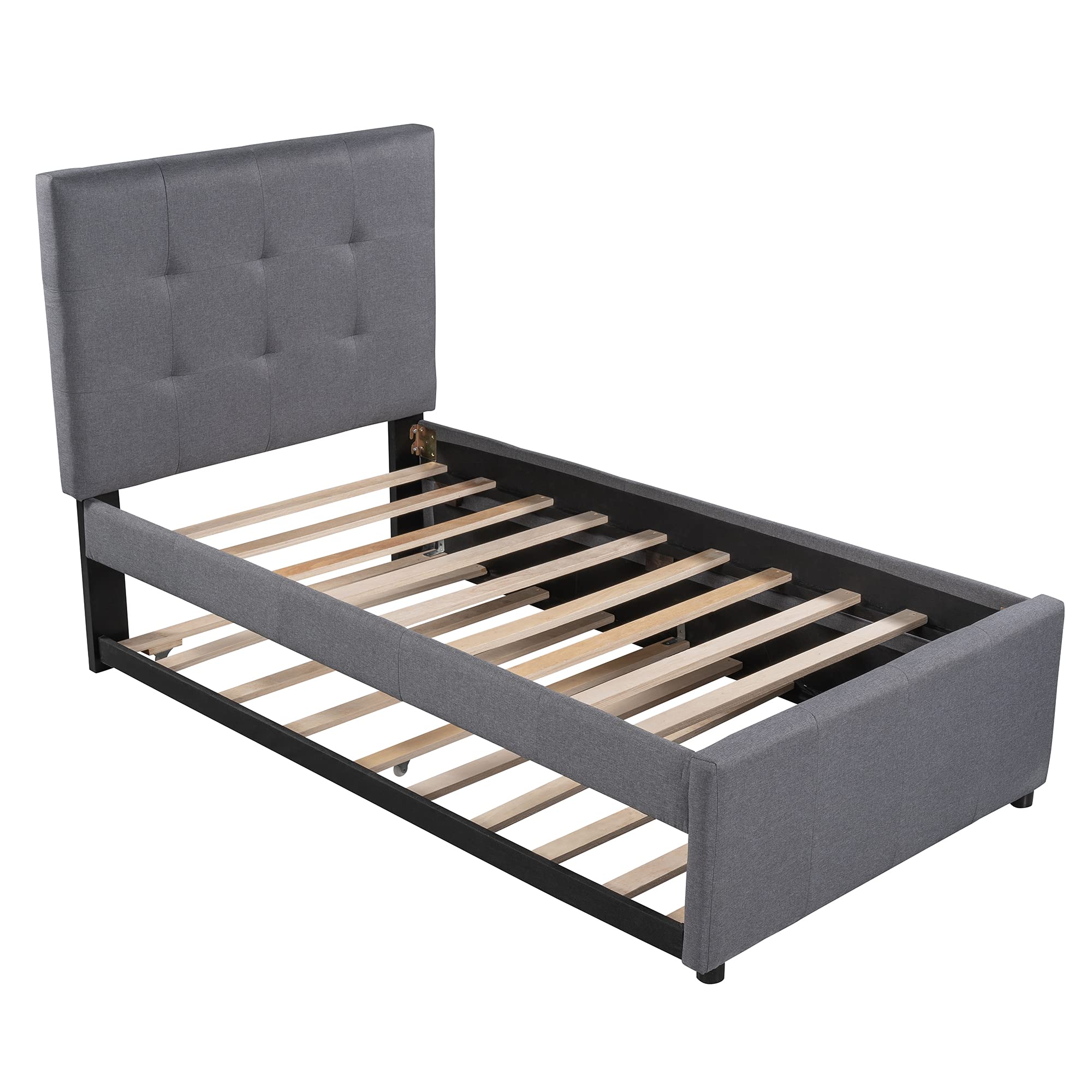 RUNNA Twin Size Upholstered Platform Bed Frame with Trundle - Linen Fabric Daybed with Headboard for Kids & Teens - No Box Spring Needed - Perfect for Small Bedrooms, Guest Rooms & Sleepovers