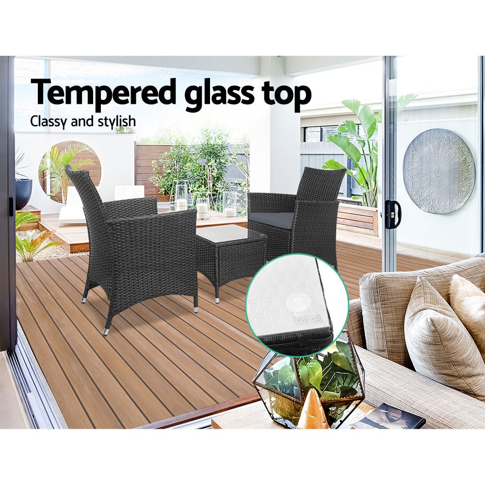 3-Piece Outdoor Bistro Set - Patio Furniture with Wicker Chairs, Table & Cushions in Black - Perfect for Garden, Balcony or Backyard Relaxation