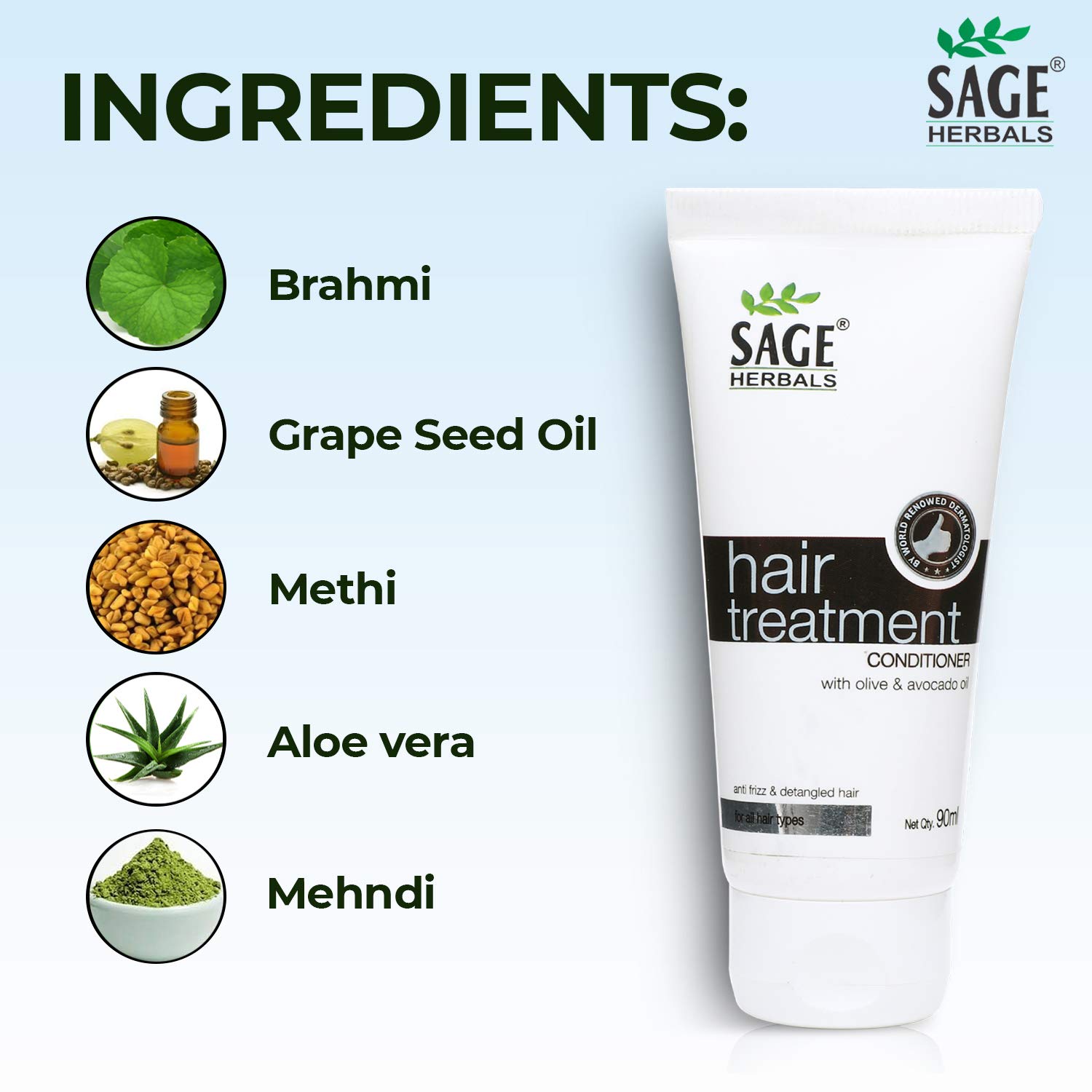 Sage Herbals Hair Treatment Conditioner with Olive Oil, Avocado Oil, Brahmi & Aloe Vera - Anti Frizz, Reduces Hair Fall, Softens & Smooths Hair (90ml) - Perfect for Dry, Damaged Hair & Daily Hair Care Routine