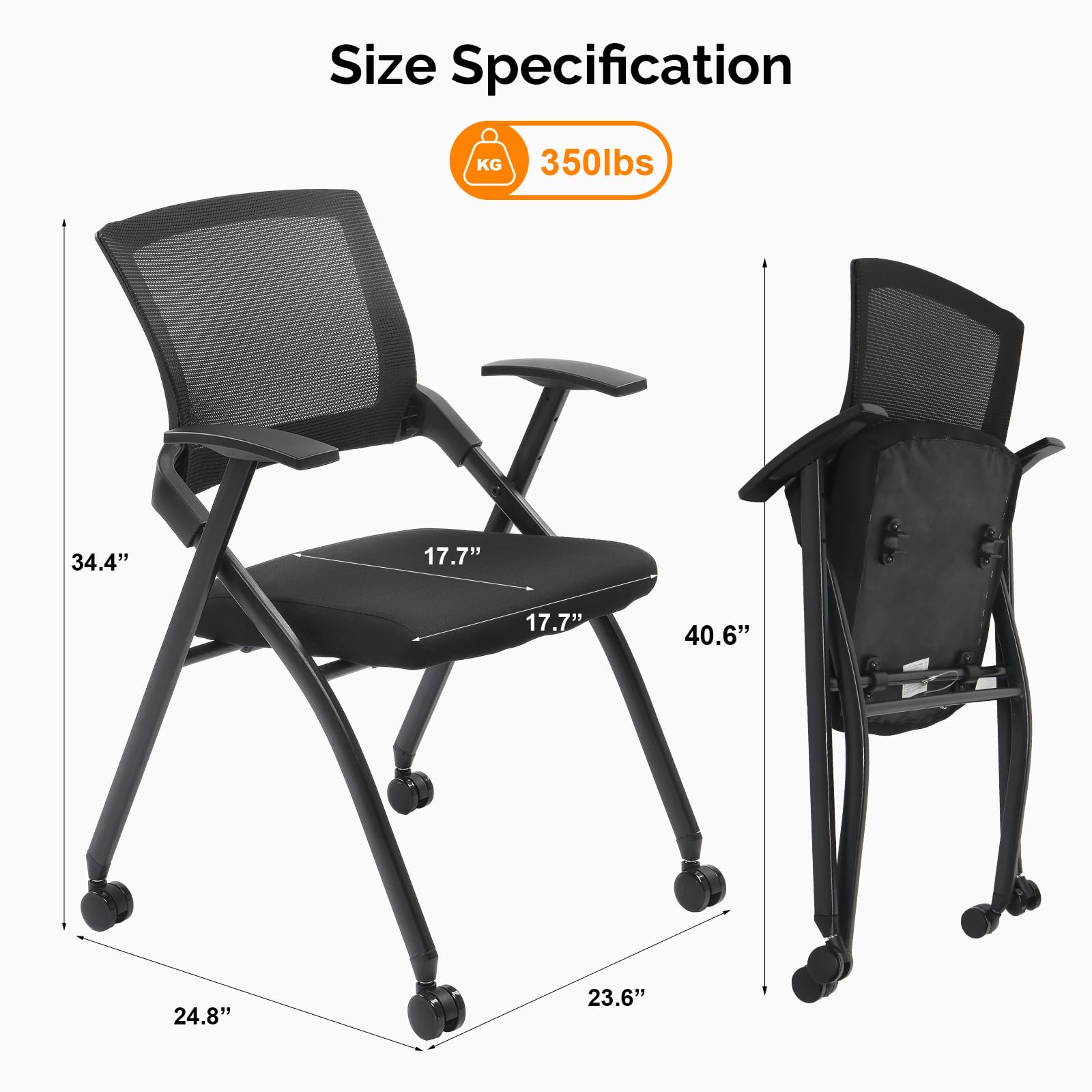 Stackable Rolling Office Chairs - Ergonomic Folding Chairs for Conference & Training Rooms - 350lb Capacity