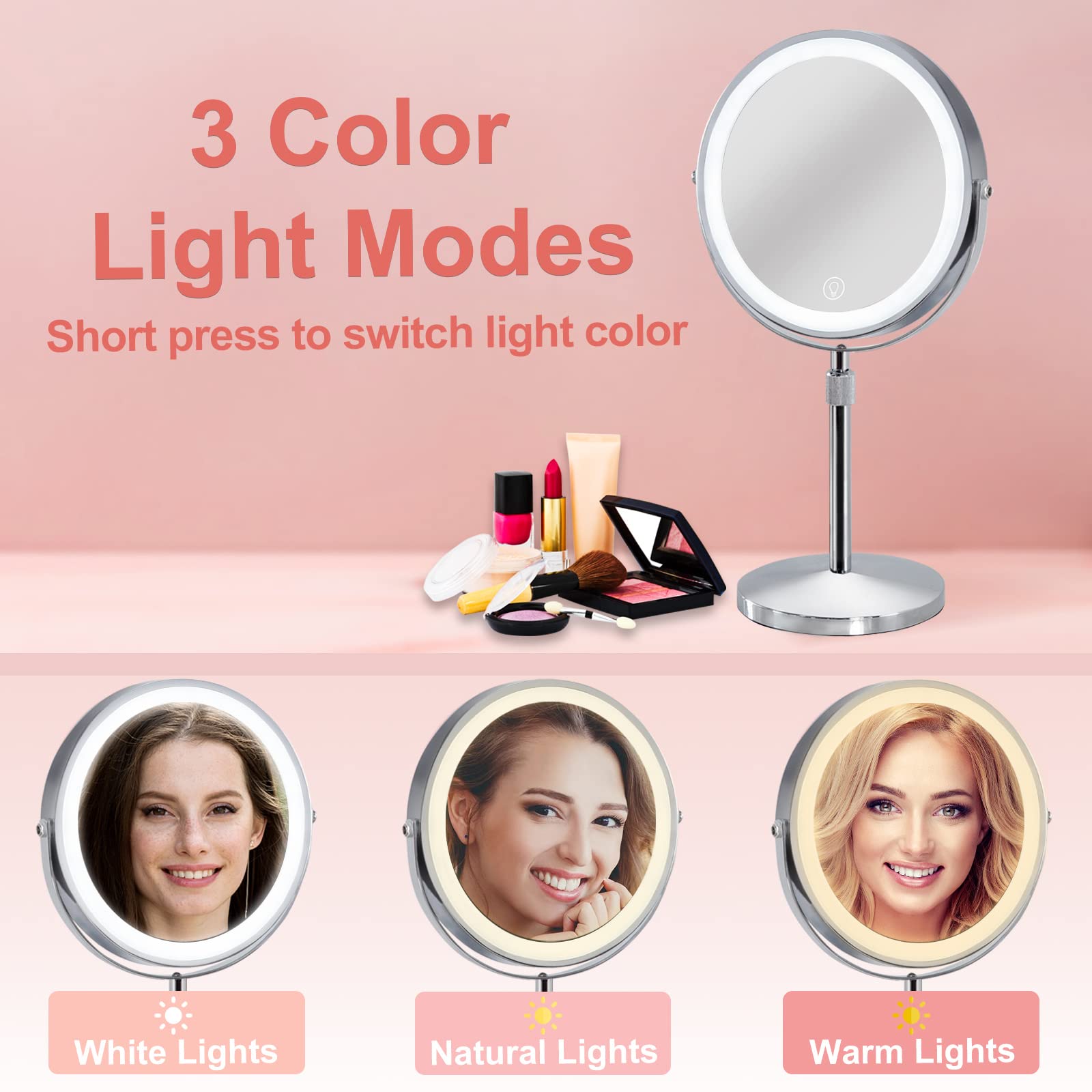 Furgatti 8 Inch Lighted Makeup Mirror with 3 Color LED Lights & Touch Control - 4000mAh Battery, Adjustable Height, 1x/10x Magnification - Perfect for Vanity Table, Home Makeup Studio & Travel (Silver) - Ideal Gift for Women