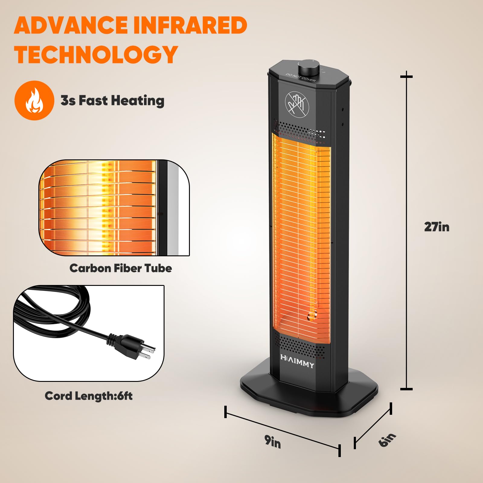 Haimmy 27-inch Outdoor Electric Patio Heater - 1200W Instant Heating with 2 Heat Levels, Tip-Over & Overheat Protection, IPX5 Waterproof - Perfect for Backyard, Deck, Garden, and Outdoor Dining Areas