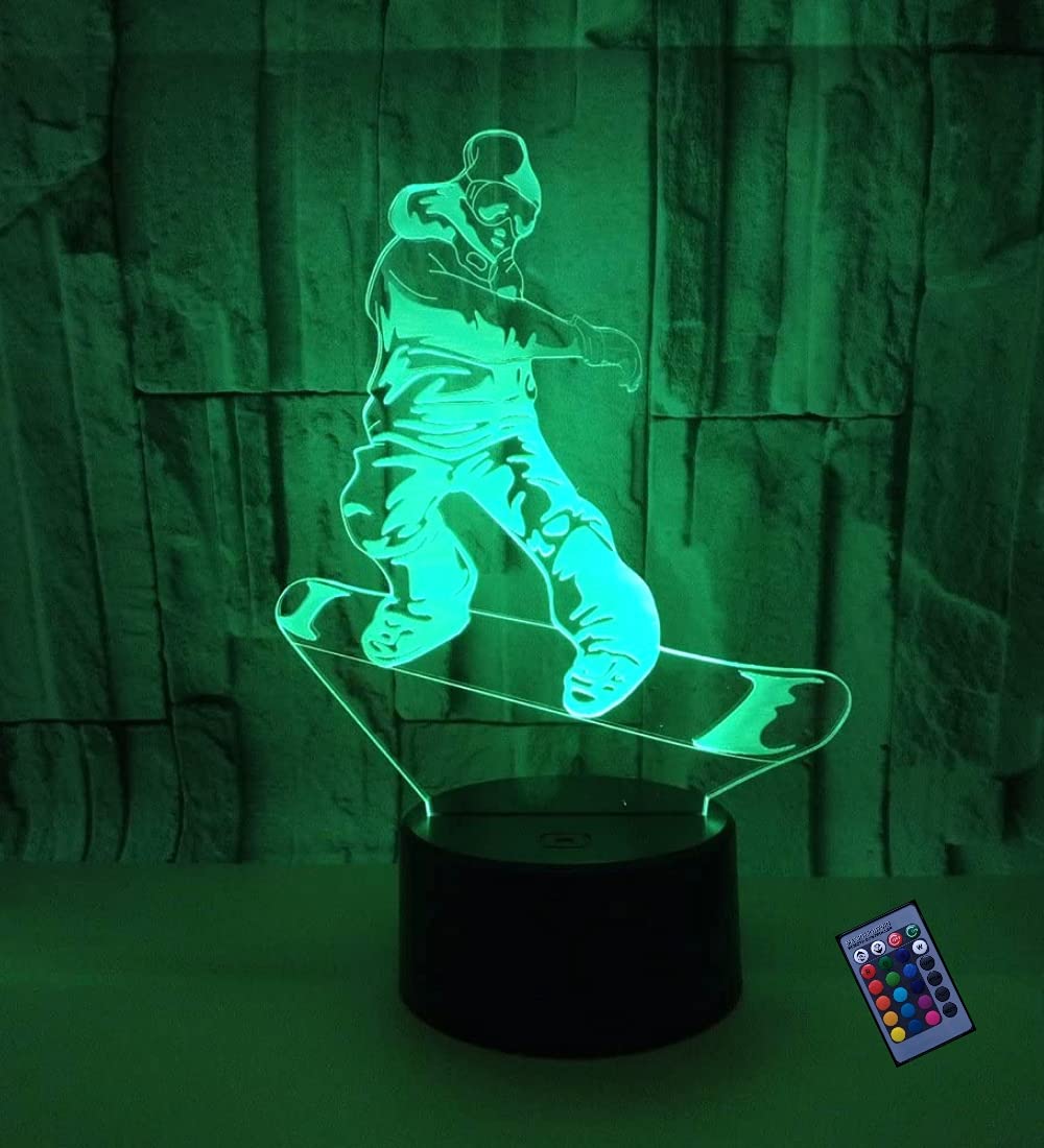 3D Illusion Skateboard LED Night Light - 16 Color Changing USB-Powered with Remote & Touch Control - Perfect for Bedroom, Kids Room, Gaming Setup & Office Desk Decor