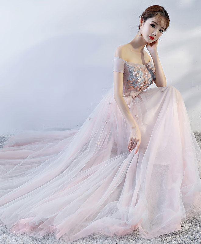 Elegant Pink Off-Shoulder Tulle Lace Applique Long Prom Dress - Formal Evening Gown for Homecoming, Quinceañera & Special Occasions