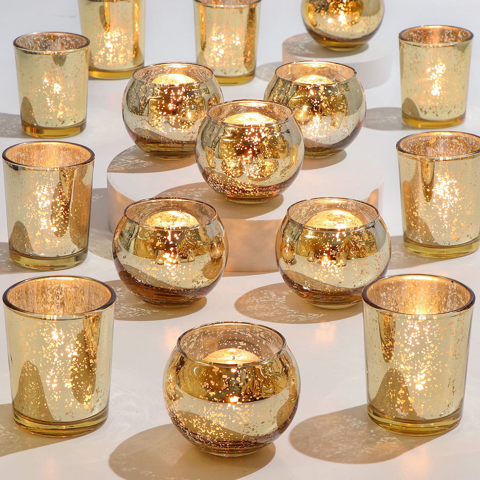 24-Piece Assorted Gold Votive Candle Holders Set - Mercury Glass Tea Light Holders for Diwali, Weddings & Bridal Showers - Elegant Table Centerpieces for Home Decor, Parties & Holiday Celebrations