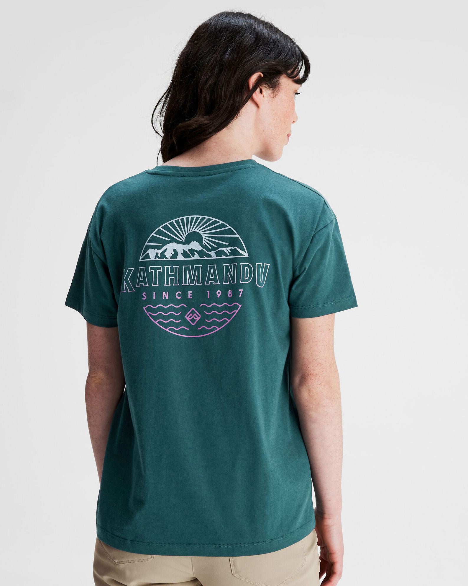 Women's Kathmandu Logo Faded Organic Cotton T-Shirt - Deep Lagoon | Eco-Friendly Casual Tee for Outdoor Adventures & Everyday Wear