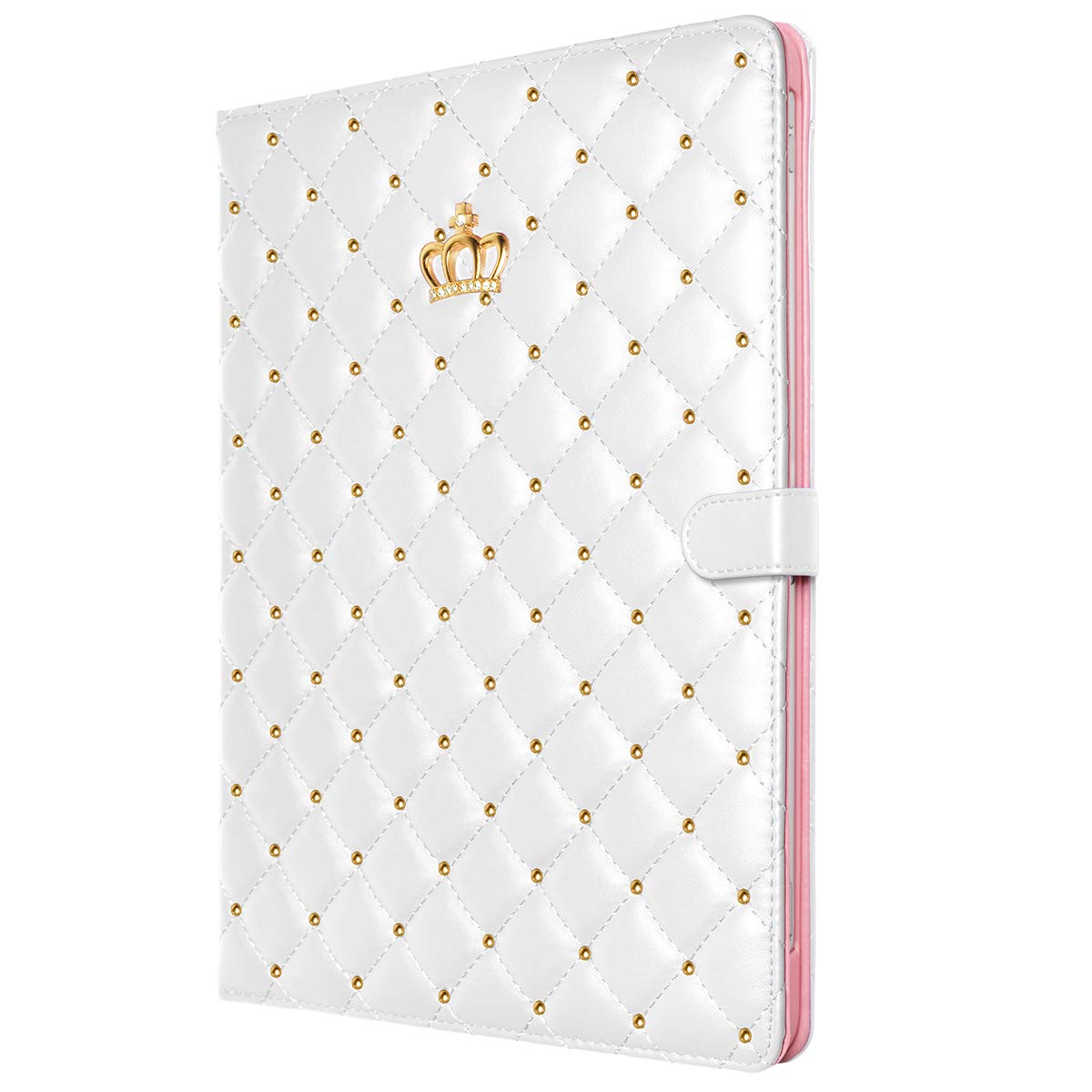 Topwin Bling Diamond PU Leather iPad Pro 12.9 Case (6th/5th Gen) - Cute Crown Design, Auto Sleep/Wake, Kickstand & Shockproof Cover - Perfect for Work, School & Travel (White)