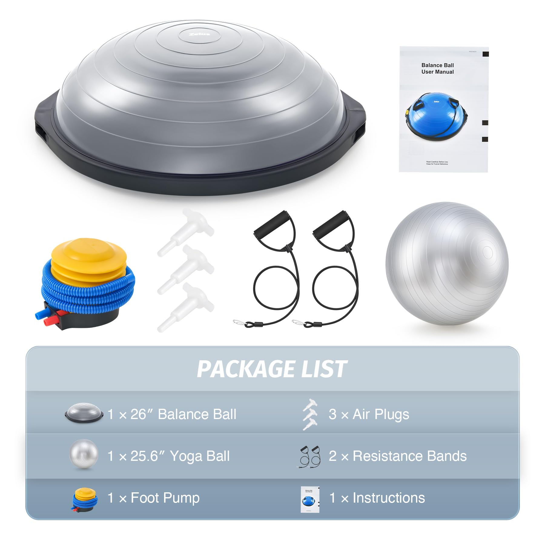 ZELUS 25-Inch Balance Ball – 660lb Capacity Inflatable Half Exercise Ball with Non-Slip Base | Wobble Board Balance Trainer for Core Strength & Stability | Includes 2 Resistance Bands, Pump & Extra Ball | Perfect for Yoga, Pilates, Home Gym & Physical Therapy Workouts