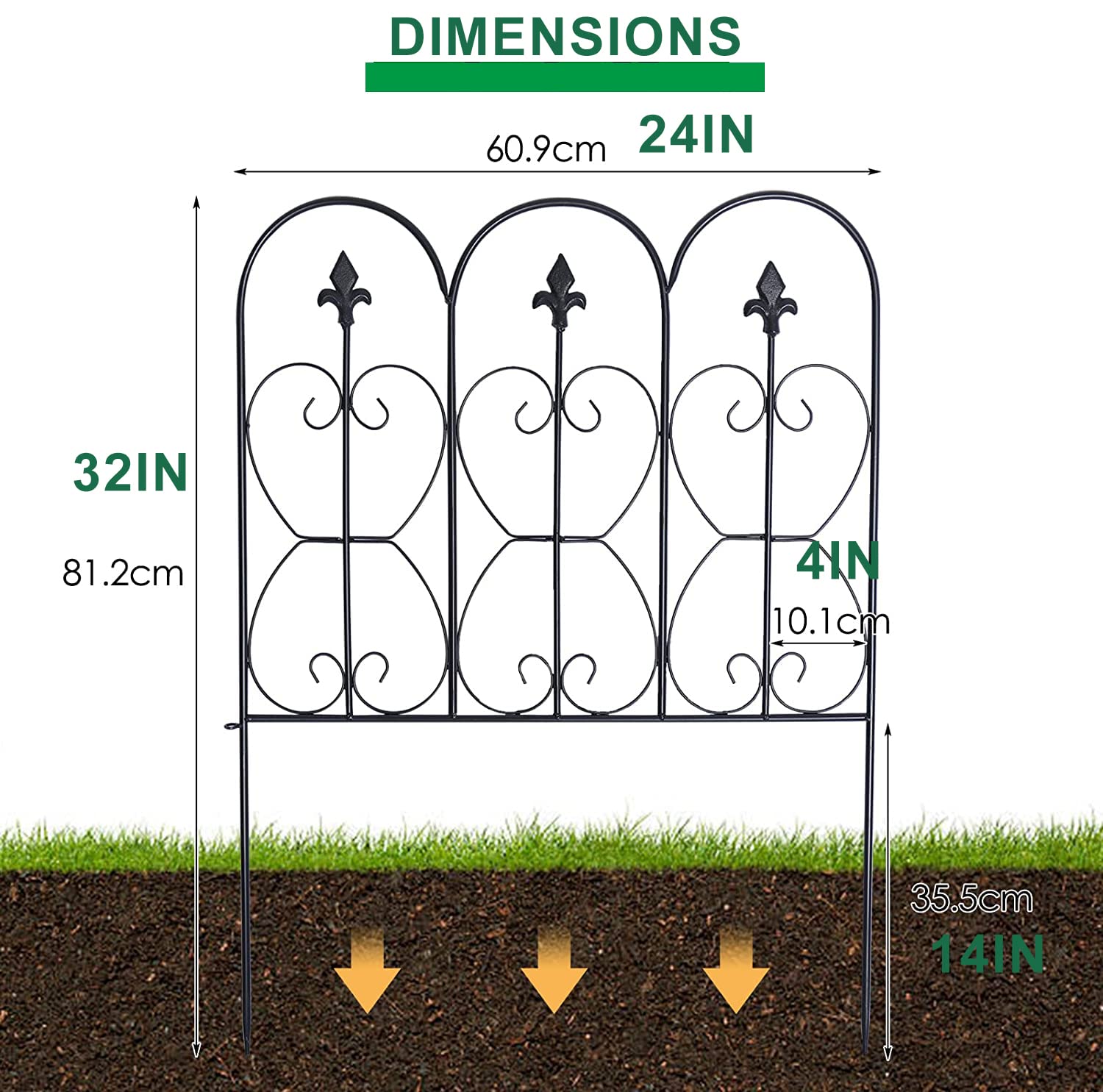 Rustproof Wrought Iron Garden Fence - 32in x 20ft Outdoor Decorative Metal Fencing for Dogs, Animal Barrier, Yard Protection & Flower Bed Border (10 Pack) - Perfect for Pet Safety, Landscape Design and Garden Decor