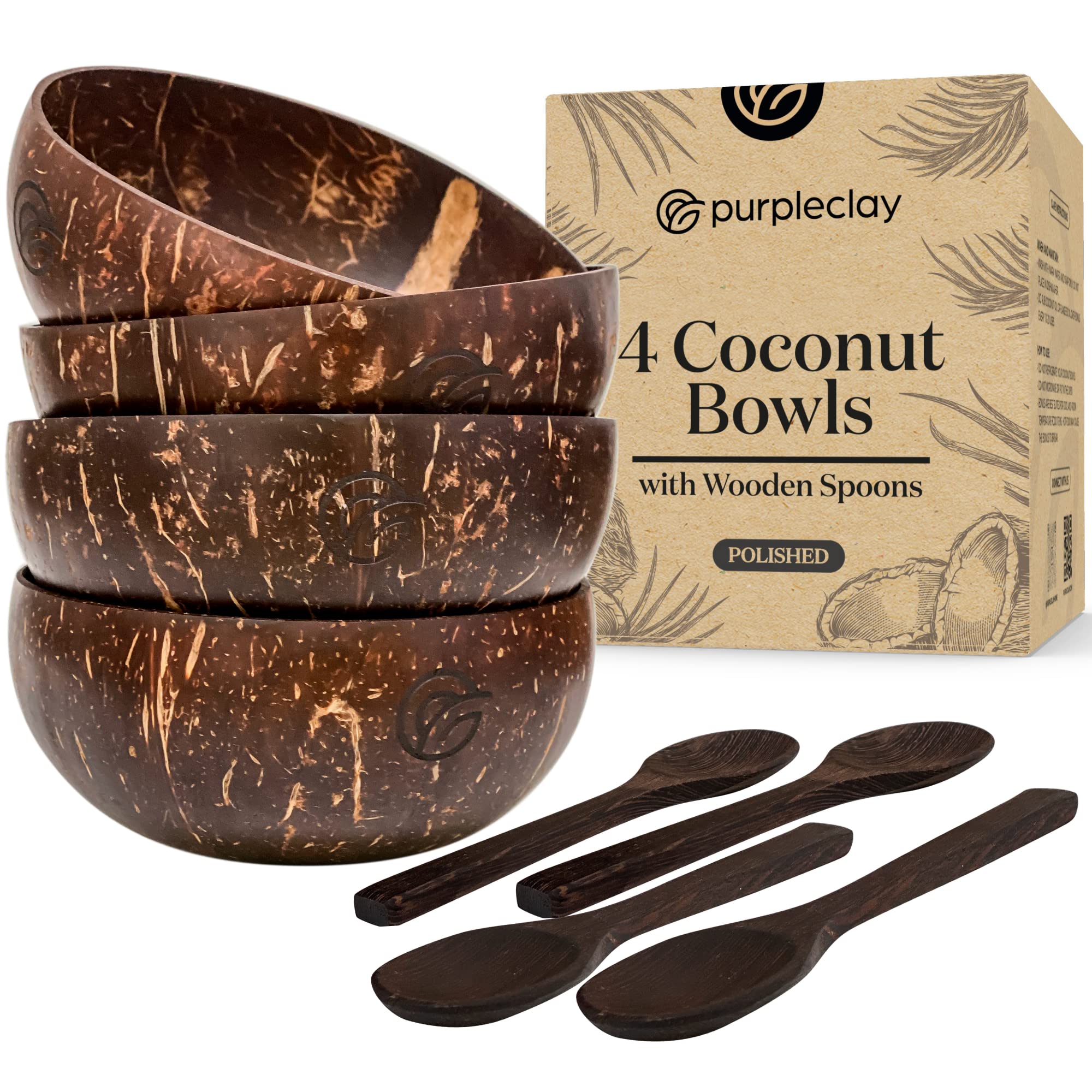 Natural Handcrafted Coconut Bowls & Wooden Spoons Set of 4 - Eco-Friendly Vegan Kitchenware for Smoothie, Salad, Buddha Bowls - Perfect for Healthy Meals & Sustainable Dining