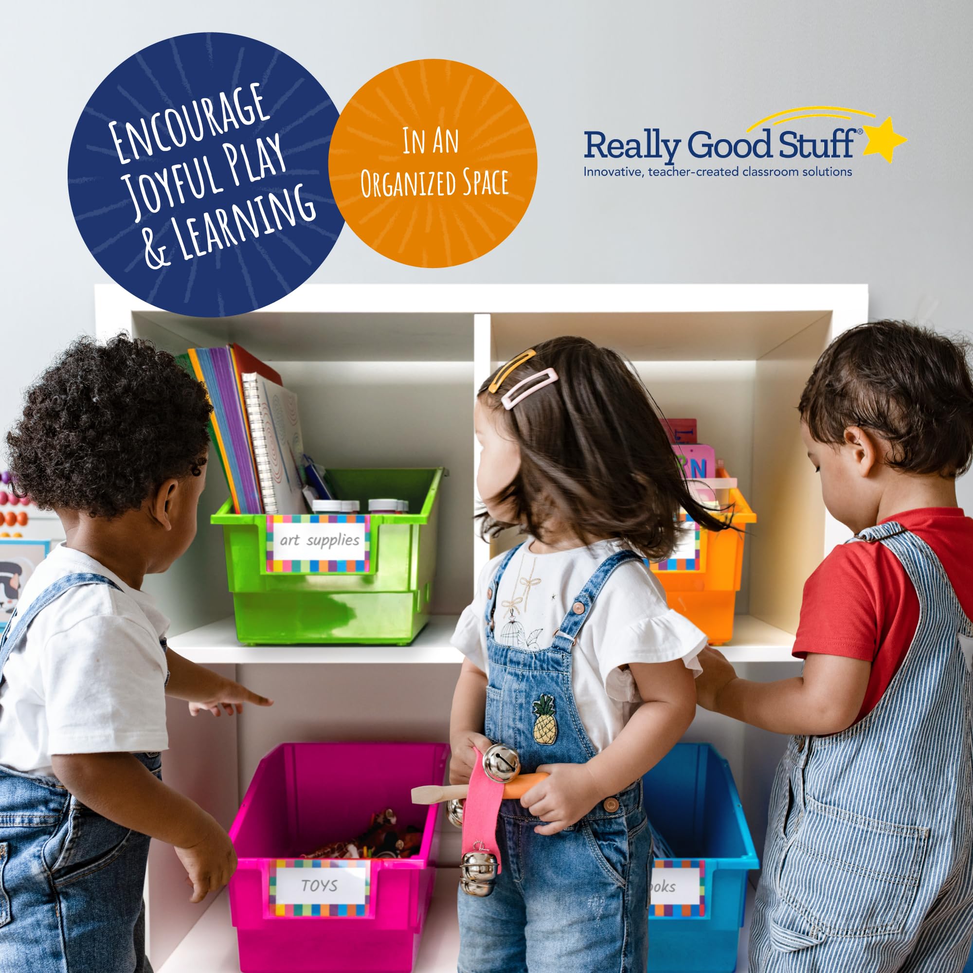 Really Good Stuff Chapter Book Library Bins with Dividers - 4 Pack Neon Plastic Shelf Organizer (8.75