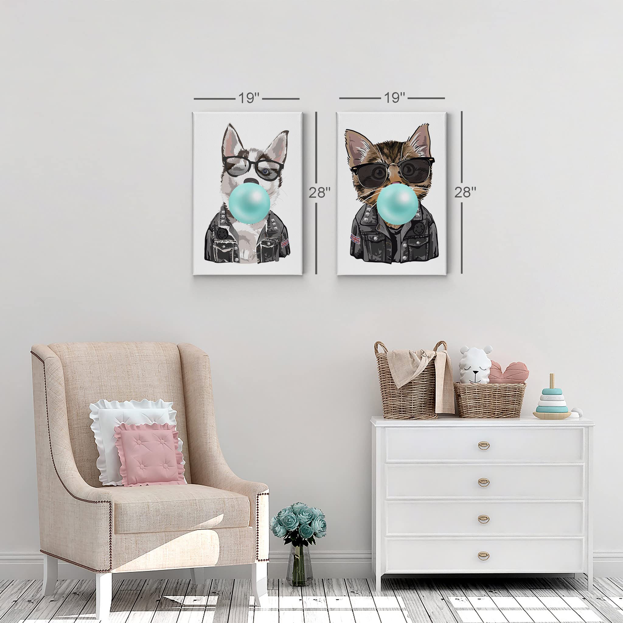 Husky and Cat Chewing Bubble Gum Pop Art Canvas Wall Decor - 2 Piece 17x11 Inch Animal Portrait Print Set for Living Room, Bedroom, Nursery & Kids Room - Vibrant Teal Blue Smile Art Design