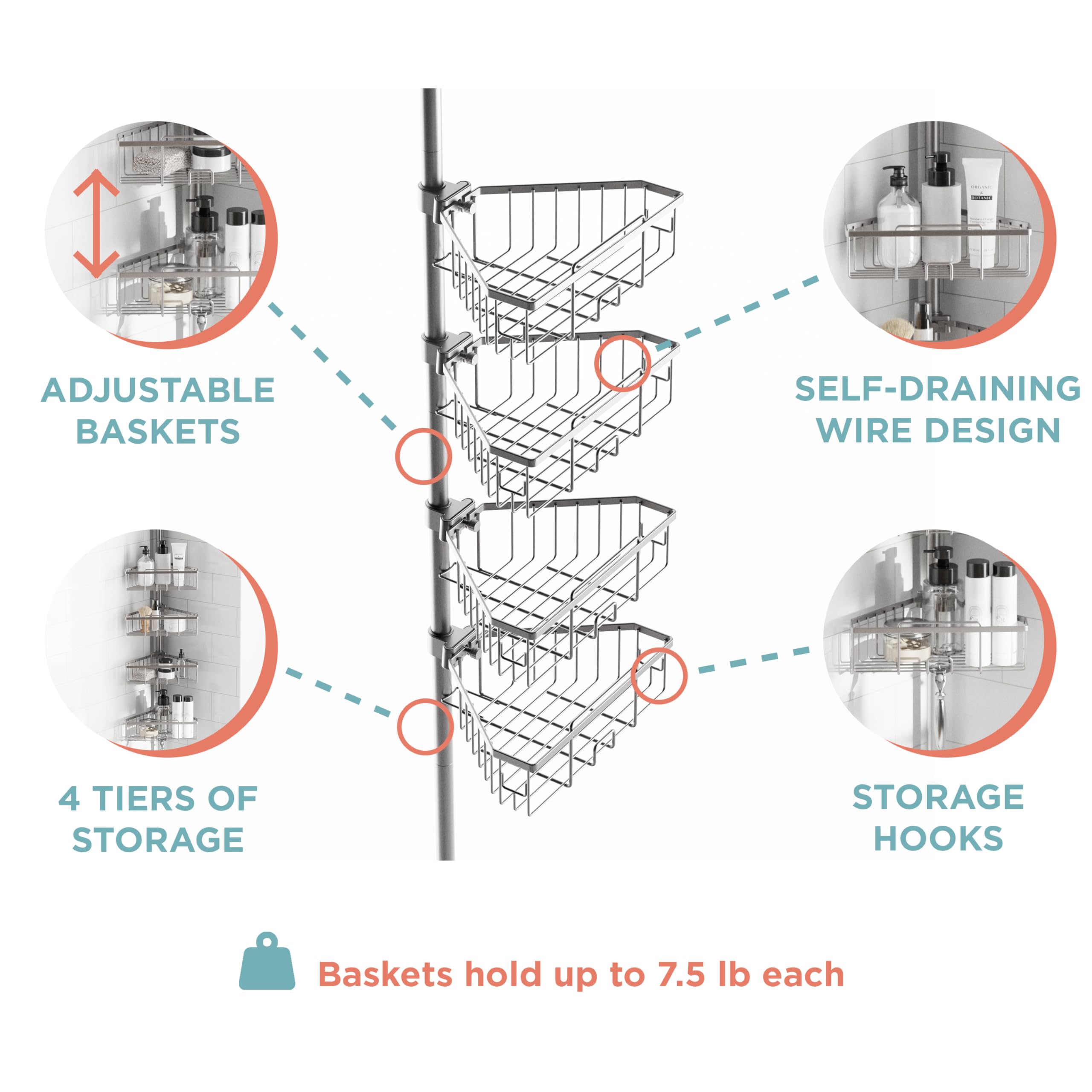 Zenna Home Adjustable Tension Pole Shower Caddy - 4-Tier Corner Storage System for Bathroom Organization (60-108 Inch, Satin Nickel) | Space-Saving Shower Shelf for Small Bathrooms & Apartment Living