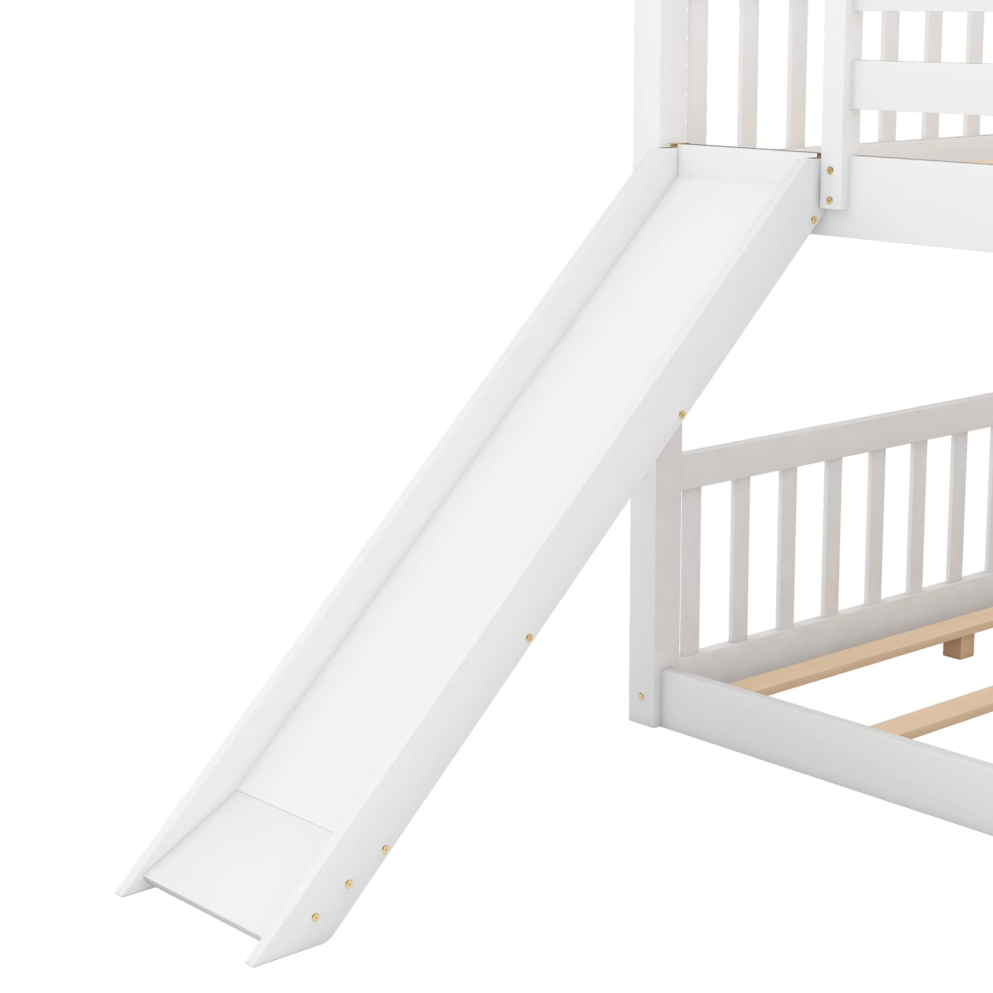 SOFTSEA Full Over Full Bunk Bed with Convertible Slide - Low Profile Kids Bunk Bed in White - Perfect for Small Bedrooms, Shared Kids Rooms & Sleepovers