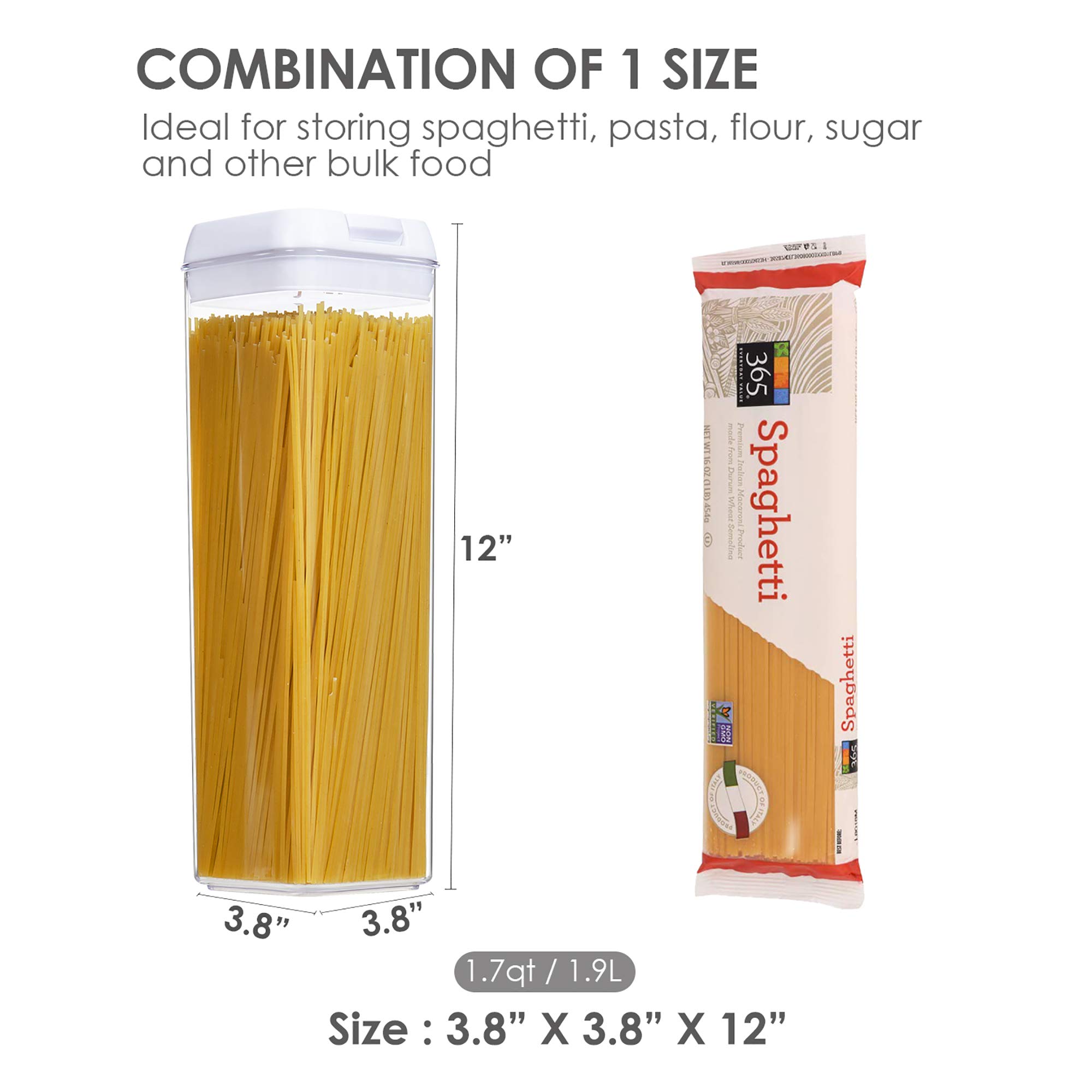 Vtopmart 4-Piece 3.2L Airtight Food Storage Containers with Lids & 4-Piece 1.9L BPA-Free Plastic Pasta Containers - Kitchen Organization for Dry Goods, Flour, Sugar, Rice, Cereal, Spaghetti Storage - Space Saving Stackable Design for Pantry, Cabinet, Fridge