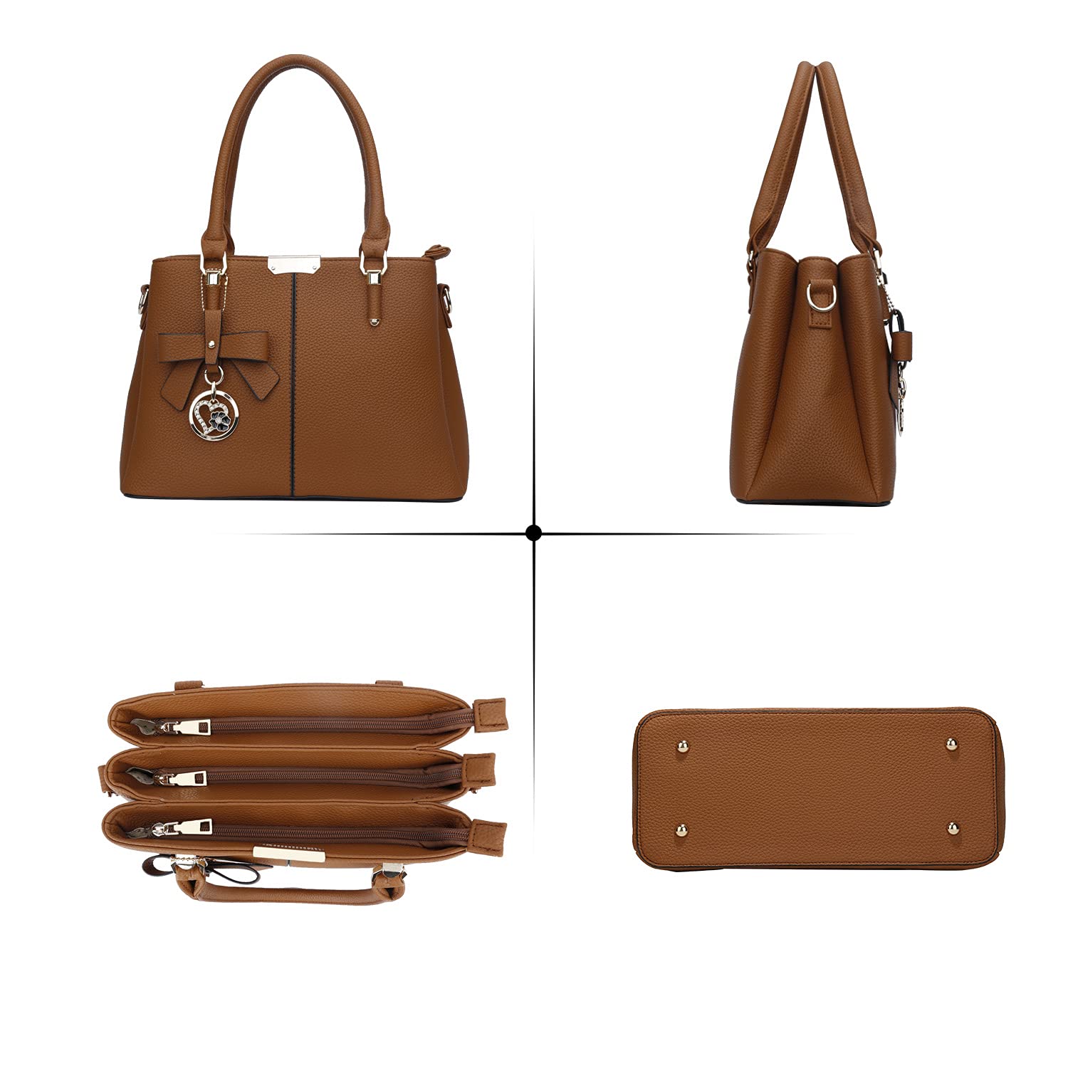 KKXIU Women's Leather Satchel Handbag with 3 Zippered Compartments - Top Handle Shoulder Bag for Work, Travel & Daily Use