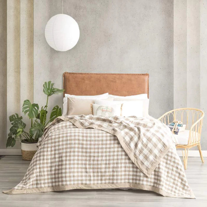 Soft & Cozy Gingham Washed Cotton Textured Throw Blanket in Tan - Lightweight Bedspread for Sofa, Bed, or Outdoor Picnics | By Renee Taylor