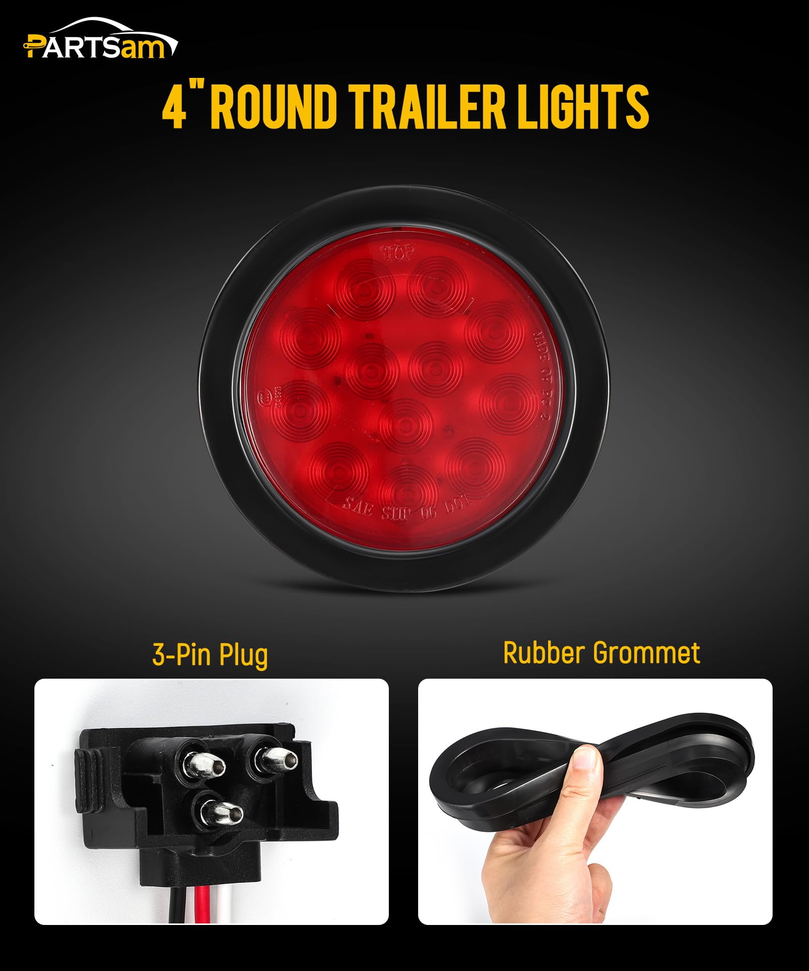 Partsam 4Pcs 4 Inch Round LED Trailer Tail Lights Kit - Red 12 LED Waterproof Brake Stop Turn Signal Lights for Trucks, RVs, Boats, UTE & UTV - 12V Sealed Flush Mount with Grommet Plug Included | Durable Marker Lights for Night Driving & Towing Safety