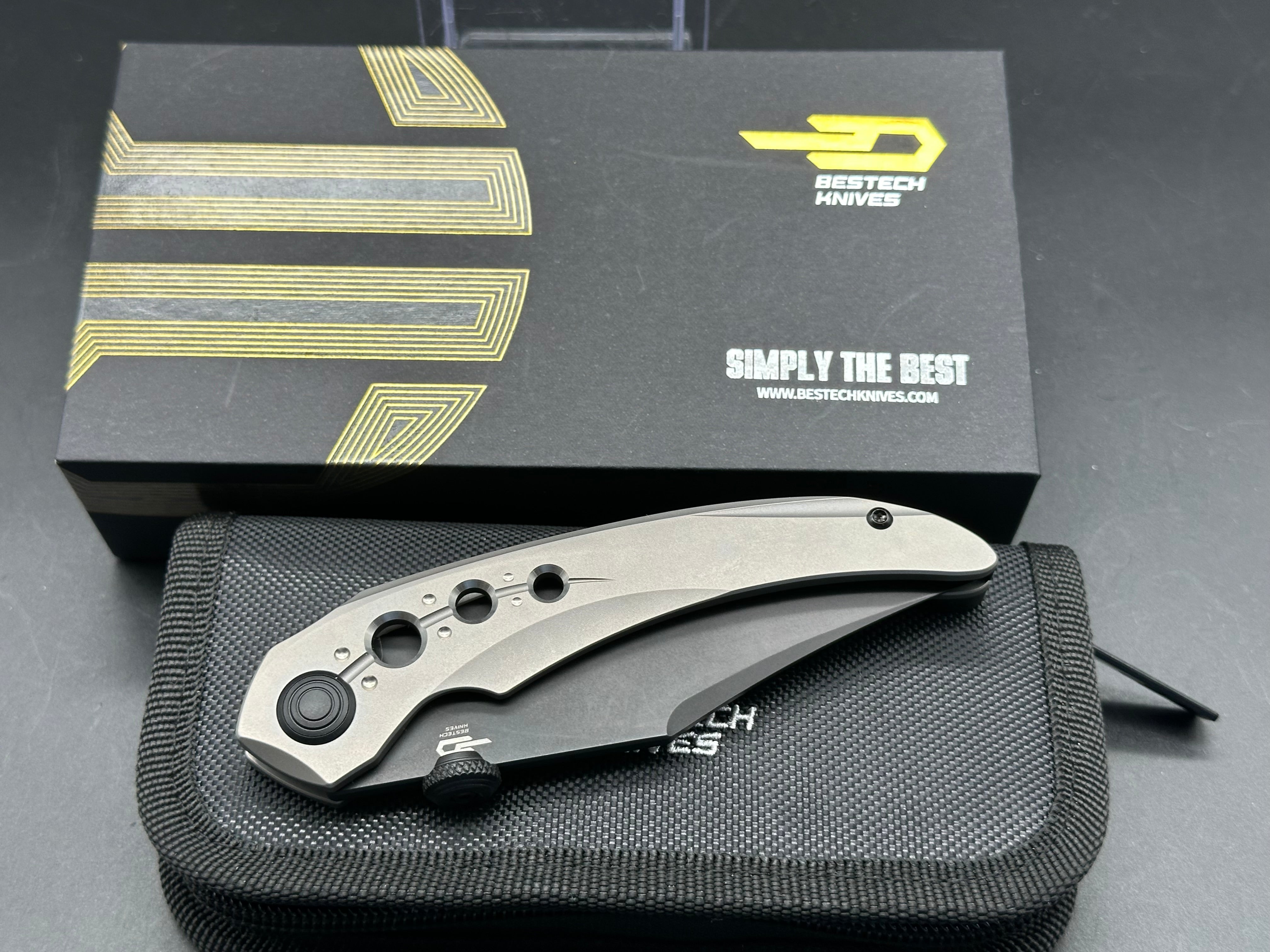 Bestech Kombou Folding Knife - Razon/Grey Slotted Titanium Handle, Upswept Blackwash Magnacut Blade - EDC, Outdoor Camping & Survival Tool