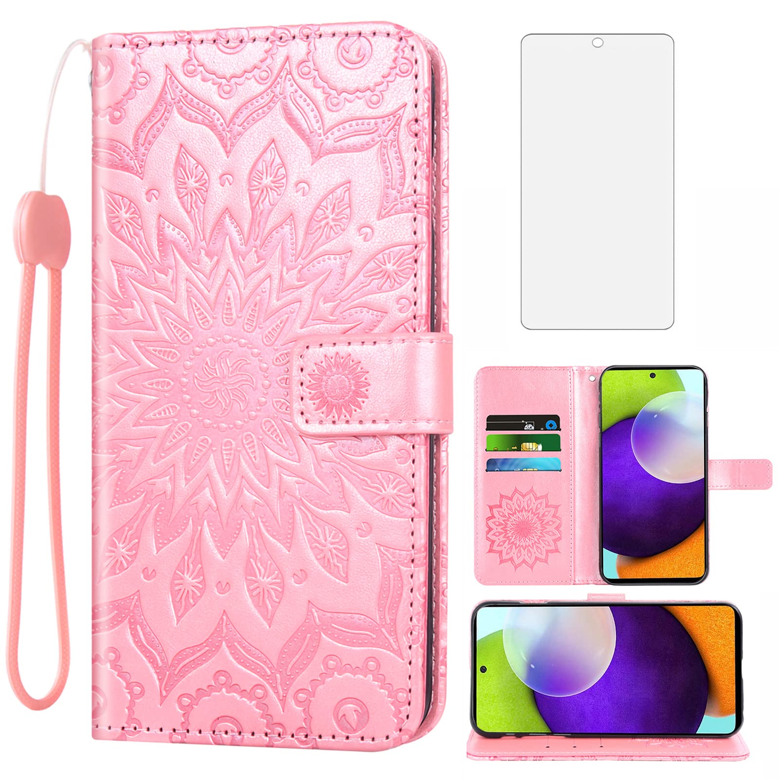 Samsung Galaxy A52 5G/4G Phone Case - Premium Leather Wallet Flip Cover with Card Holder & Stand, Includes Tempered Glass Screen Protector (Rose Gold) - Perfect for Women's Everyday Use, Business Travel & Hands-Free Viewing