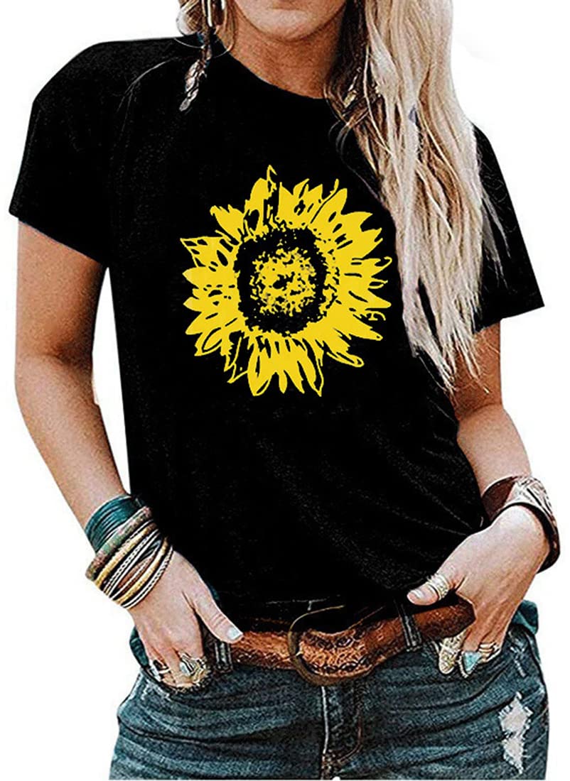 Women's Sunflower Graphic Tee - Funny Short Sleeve Crew Neck Loose Fit Summer T-Shirt for Casual Wear, Beach Outings & Festival Fashion