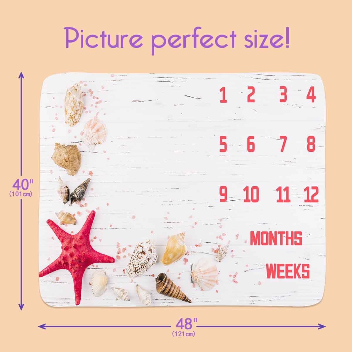 Boho Milestone Baby Blanket for Newborn Photography - 48x40 Inch Sea Shell Design with 1-12 Month Markers, Includes 4 Frames & Headband (BTXTPH914) - Perfect for Monthly Baby Photos, Nursery Decor and First Birthday Gifts